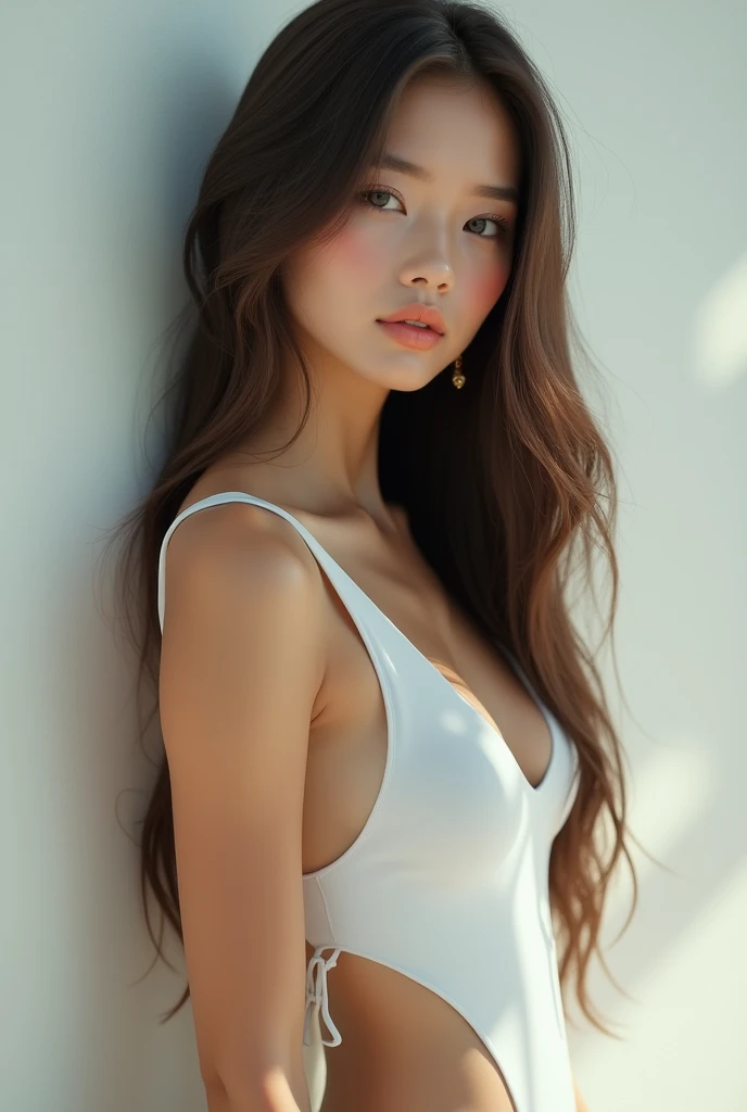 ((Realistic lighting, Best quality, 8K, Masterpiece: 1.3)), Focus: 1.2, 1girl, Perfect Figure: 1.4, Slim Abs: 1.1, ((Dark black hair)), (white mini opaque dress: 1.4), (indoor, Day: 1.1), Fine eyes, Ai influencer, (beach, palm trees), (beach, palm trees), (beach, palm (navel), (navel), (navel), (She runs her hands through her hair.), (She runs her hands through her hair.), (She runs her hands through her hair.)