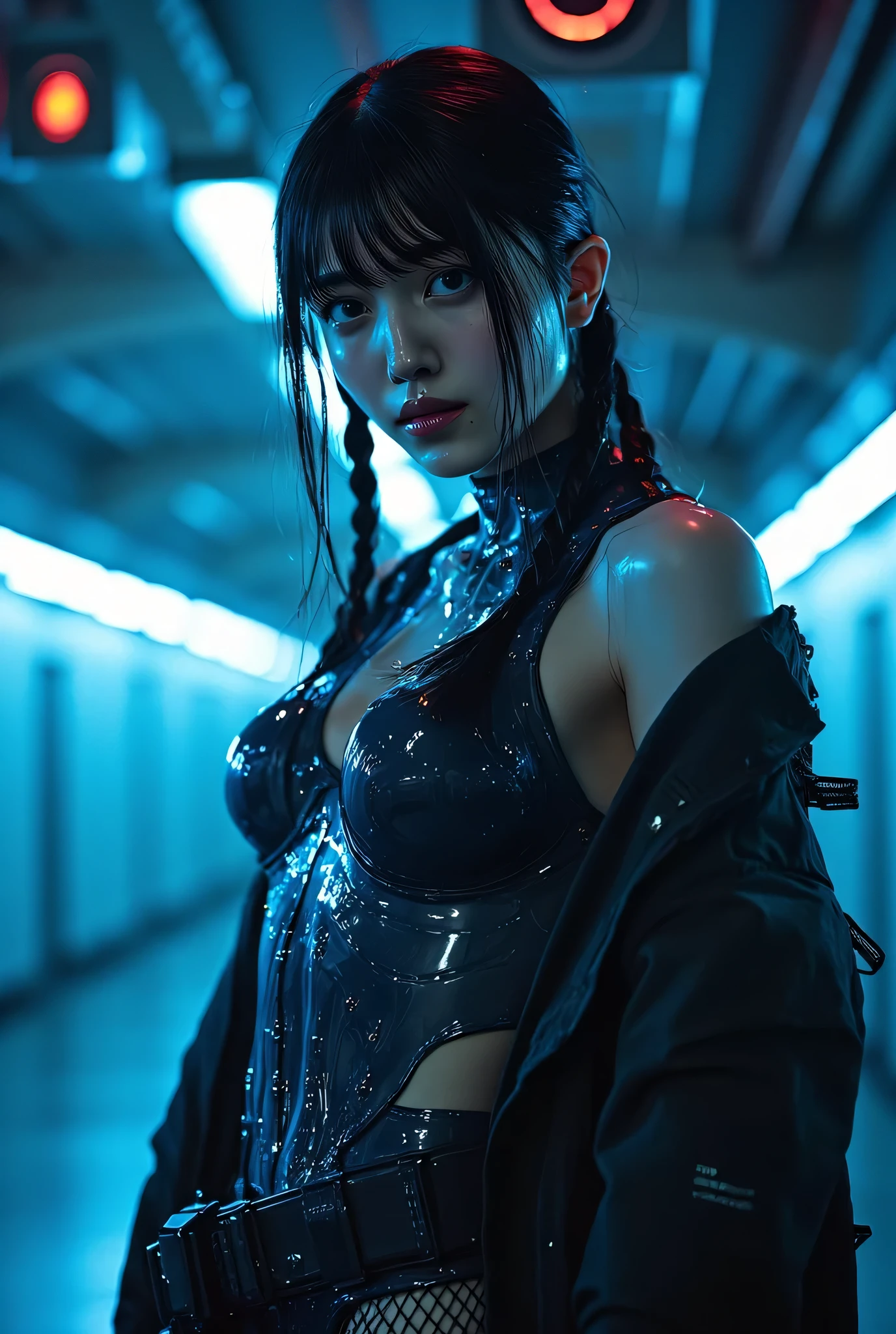Cinema Lighting,Highly detailed skin、Beautiful details、Highest quality,cyber punk,(Exchange、Dim color, Calm tone、Perfect Anatomy:1.3),(One beautiful woman、Beautiful features down to the last detail:1.3)(Black short hair)Shapely breasts、break.White Shirt Tops、Black Satin Suit Slacks、(purple fur down jacket)break.Black Hair、Put your hands in your pockets、Arms crossed、Near city station、night。Japanese, Huge