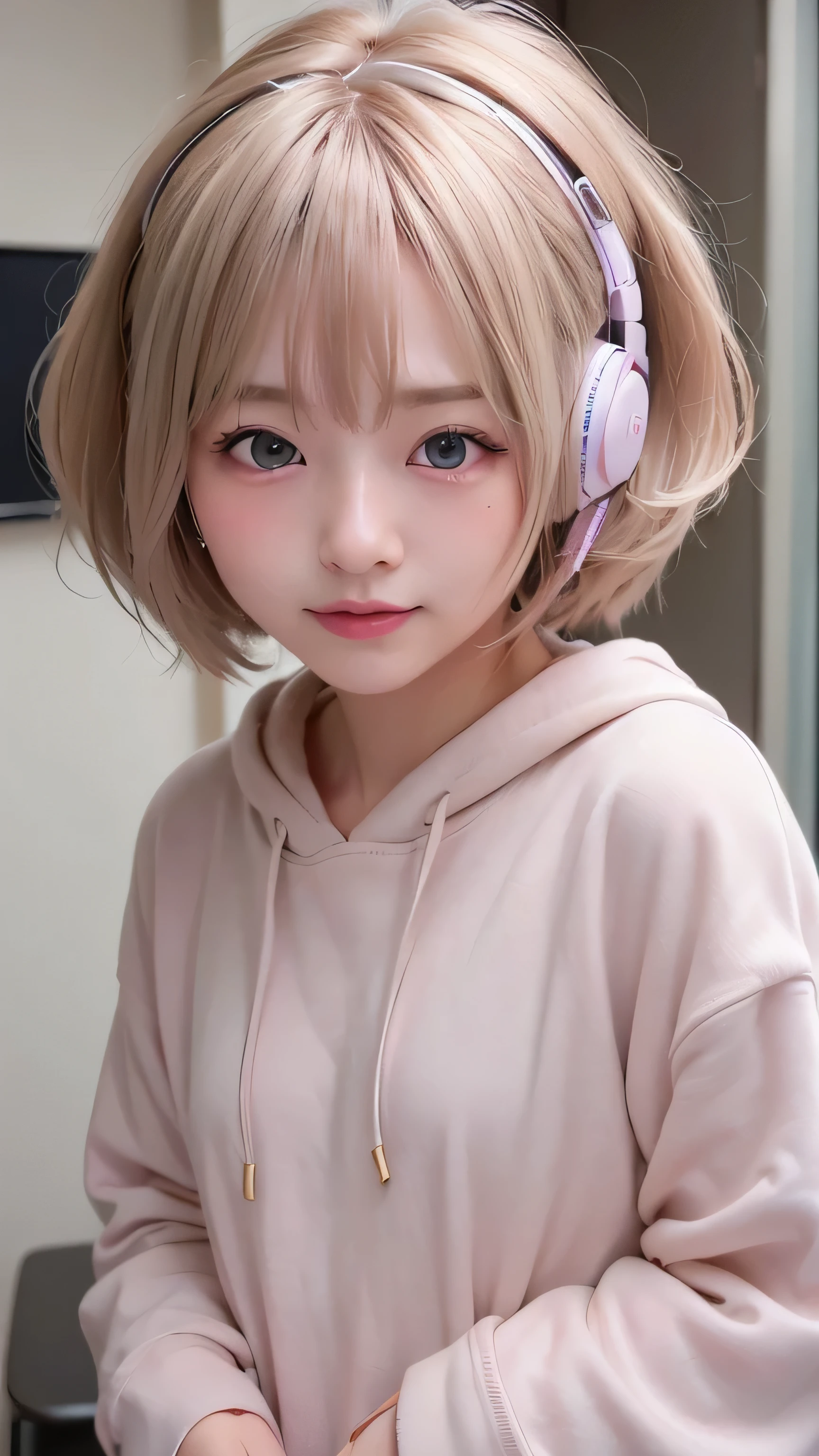 Highest image quality、Live shooting、ultra high resolution、21 year old Korean、small breasts、dynamic angle、cowboy shot、the most beautiful form chaos、elegant、brutalist design、vivid colors、beautiful white hair、short bob、smile、smile、shiny white skin、Beautiful eyes with random colors、Beautiful eyes in every detail、elongated eyes、thin lips、pale pink blush、long eyelashes、beautiful double eyelids、eye shadow、bright room、Big hoodie、Put the headphones around your neck、shot from the side、sexy pose