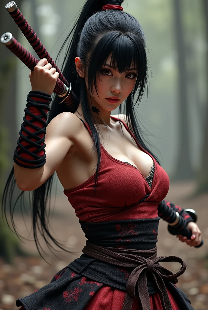 Sexy Uchiha 21 year old women, slicked back hair, beautiful face, black eyeliner, black eye shadow, j cup breast size, 8k, konoha village background