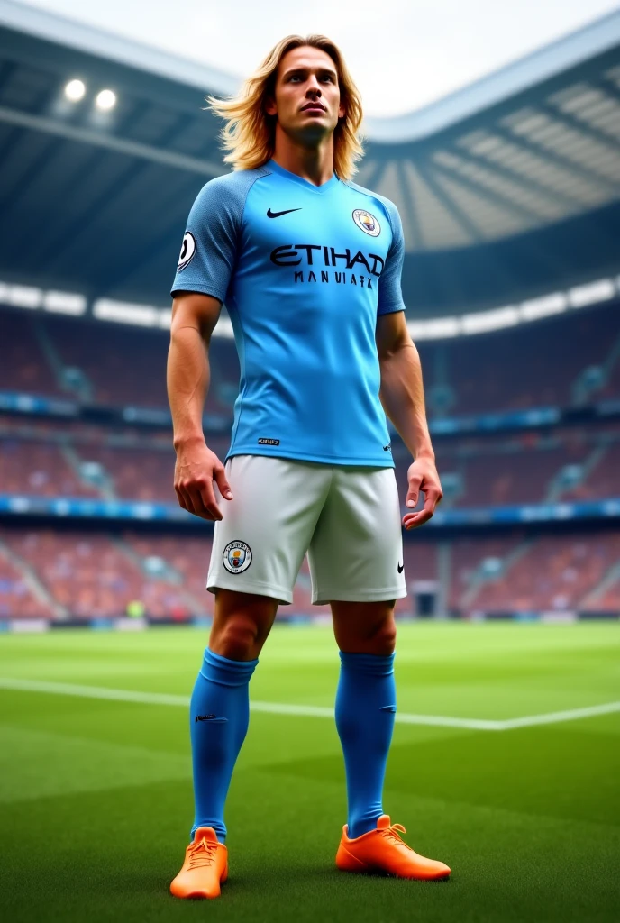 Male Football Player in blond long hair in Manchester City kit