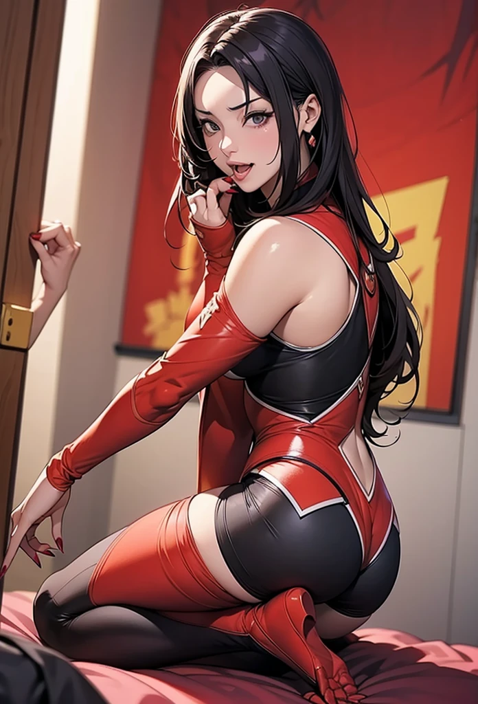 (high quality, masterpiece, detailed)shoot from below,detailed scenario,detailed background,Elektra open thighs, squatting,One girl, coverd nipples,camel_toue,Black Hair, alone, arms, bandana, Holding, sword, compensate, Two-Way, gloves, boots, Ninja, Red crop top,red panties, belly button, Perfect Face, Beautiful Eyes,City of night,