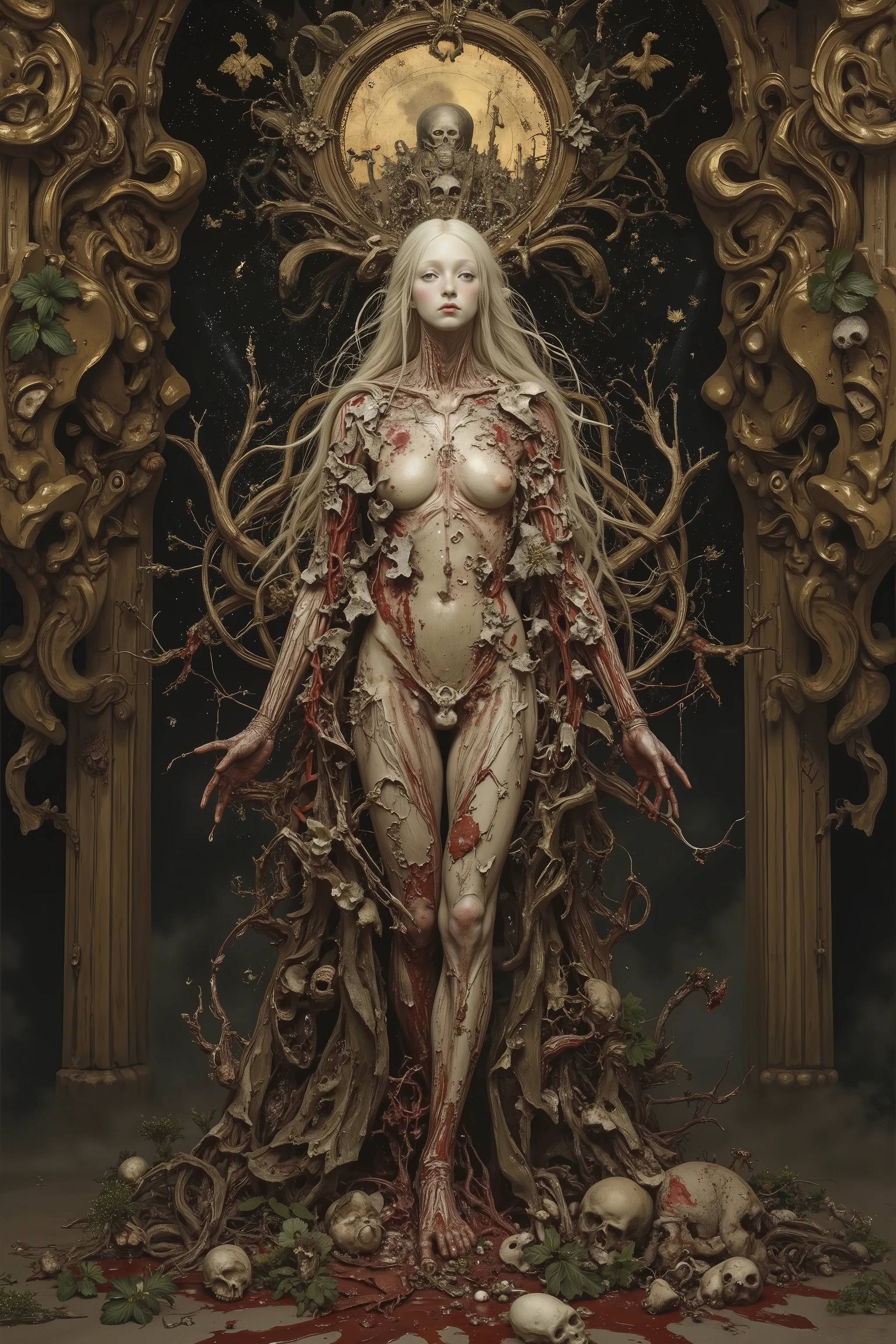 living,beautiful angel,like sculpture skin,wearing robe,heavy crack and damaged Sculpture skin,show inside anatomical bloody gore bodey,Kris Kuksi style,baroque art style,dynamic pose,dynamic angle,dramatic,cinematic lighting,cathedral,(tangled:1.2),(gorgeous),Granulated,plants,blood vessels,ritual,blasphemy,OANATO,made of blood and gore,nisa