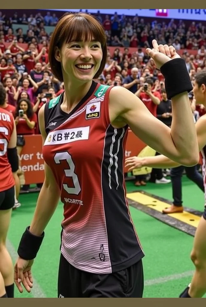 (masterpiece:1.4),(67-year-old woman:1.5),(Facial wrinkles : 1.2), (medium hair), (bright smile : 1.2), maternal, Mature Woman, (dressed as a volley ball player : 1.1), (volley ball uniform : 1.1), acnes, skin blemishes, fleckles, (muscular arms : 1), (thick thighs : 1.2), wide hips, bright lighting, gymnasium, Exercising, (Focus on the knee:1.2)