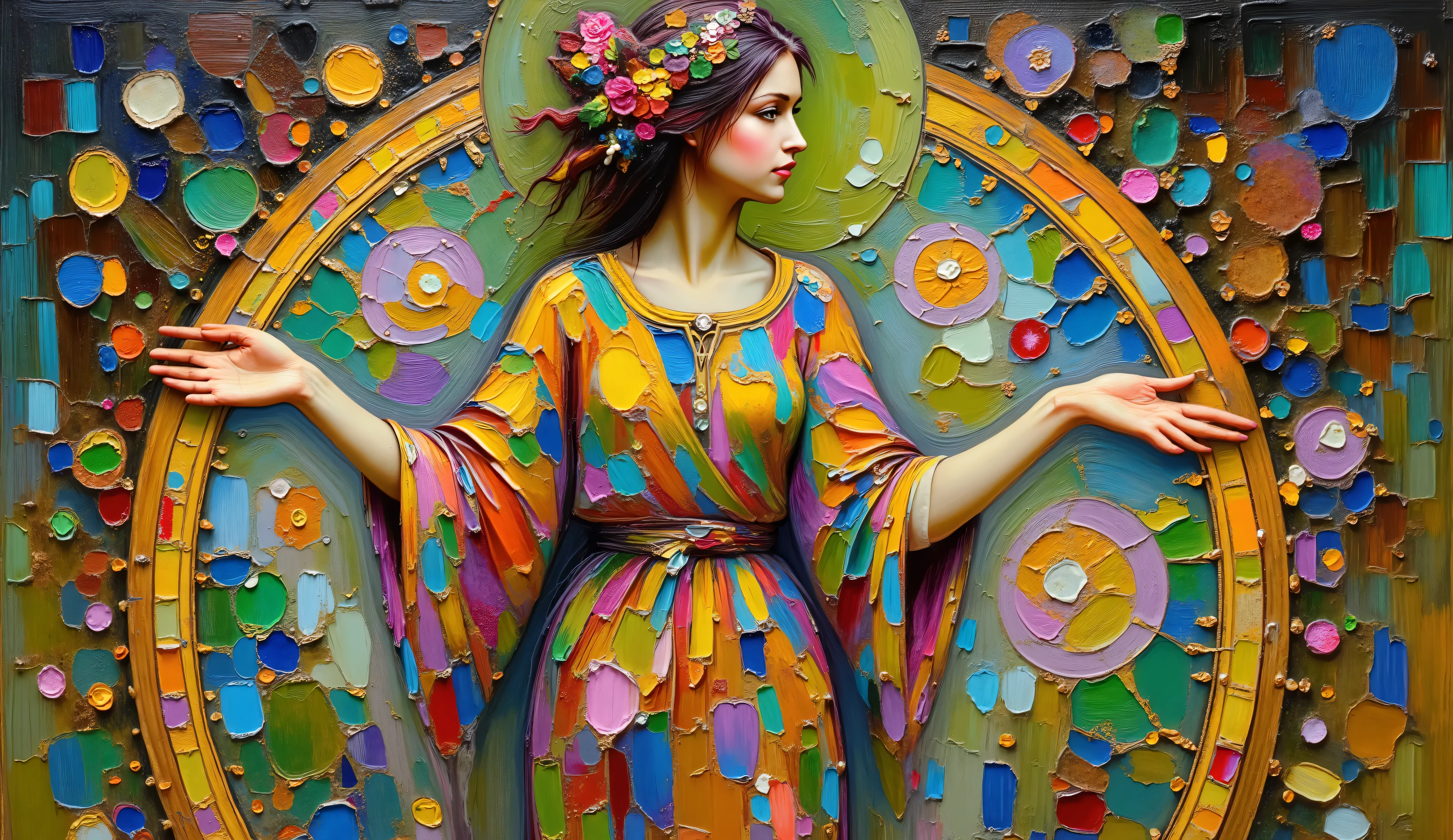 a painting of a woman with a colorful dress and a flower crown, psychedelic goddess, colorful art nouveau, psychedelic art nouveau, intricate beautiful painting, mucha klimt, in an art nouveau style, in art nouveau style, gustav klimt style, style of gustav klimt, goddess art, inspired by Klimt, beauty art nouveau woman, beautiful intricate painting, The illustration features a figure adorned in a vibrant, flowing robe, richly decorated with circular, mandala-like patterns that cascade down the fabric, creating an ethereal and mystical appearance. Long, wavy hair complements the intricate design, with an array of vivid colors and details that evoke a sense of cosmic serenity. The backdrop appears to be an abstract tapestry of geometric shapes and natural motifs, blending into a harmonious and spiritual atmosphere. The overall composition is one of tranquility and artistic expression, with the colors and symbols conveying a profound sense of connection to the universe.