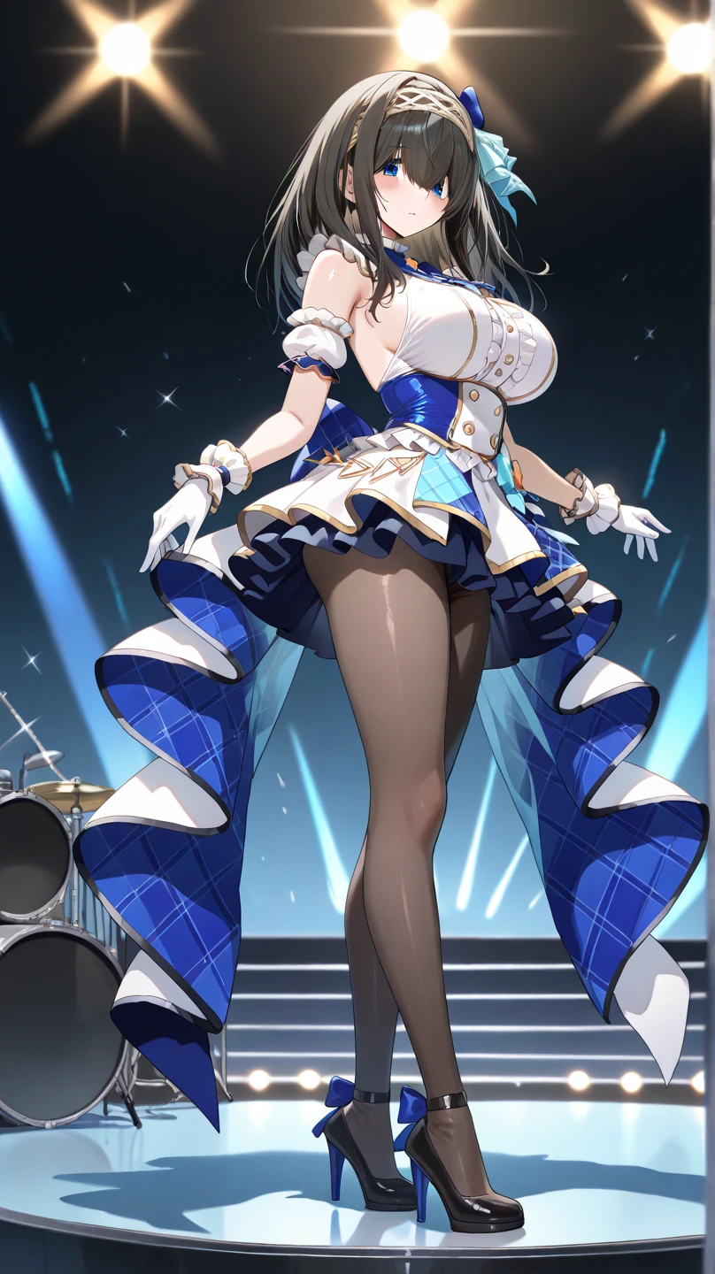 (masterpiece), best quality, expressive eyes, perfect face,1girl,barbara_(genshin impact),(cute magical girl costume:1.5),(big breasts),(sparkles:0.9),(glitters:0.9),ash blonde hair,pigtails,concert stage,confetti,garter belt,heel boots,middle hair,side ponytail,cleavage,looking at viewer,light smile, eyeshadows, eye liner,glistening eyes, hyper detailed eyes, intricate eyes, beautiful eye, blue eyes、standing,head tilt,standing on one leg,sexy pose,smiles,(female focus)