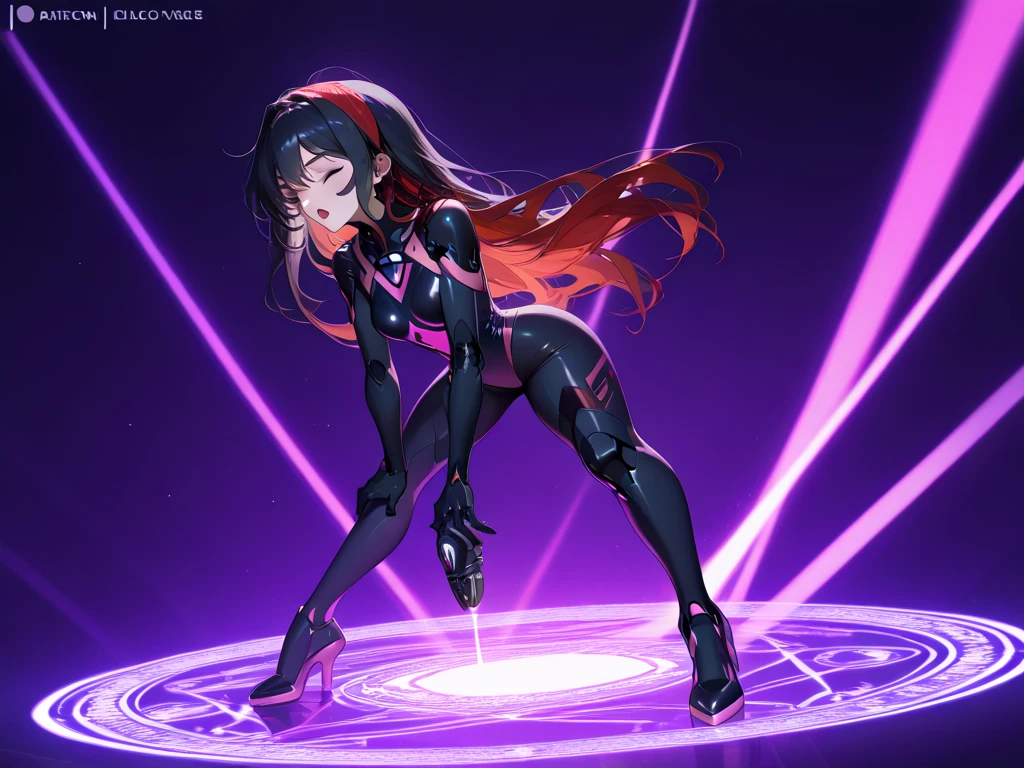 highest quality Highest quality Draw a face carefully High-definition anime-style face Super Glowing Skin Black full body suit Purple pantyhose barefoot Succubus lure smile Rear view Back view