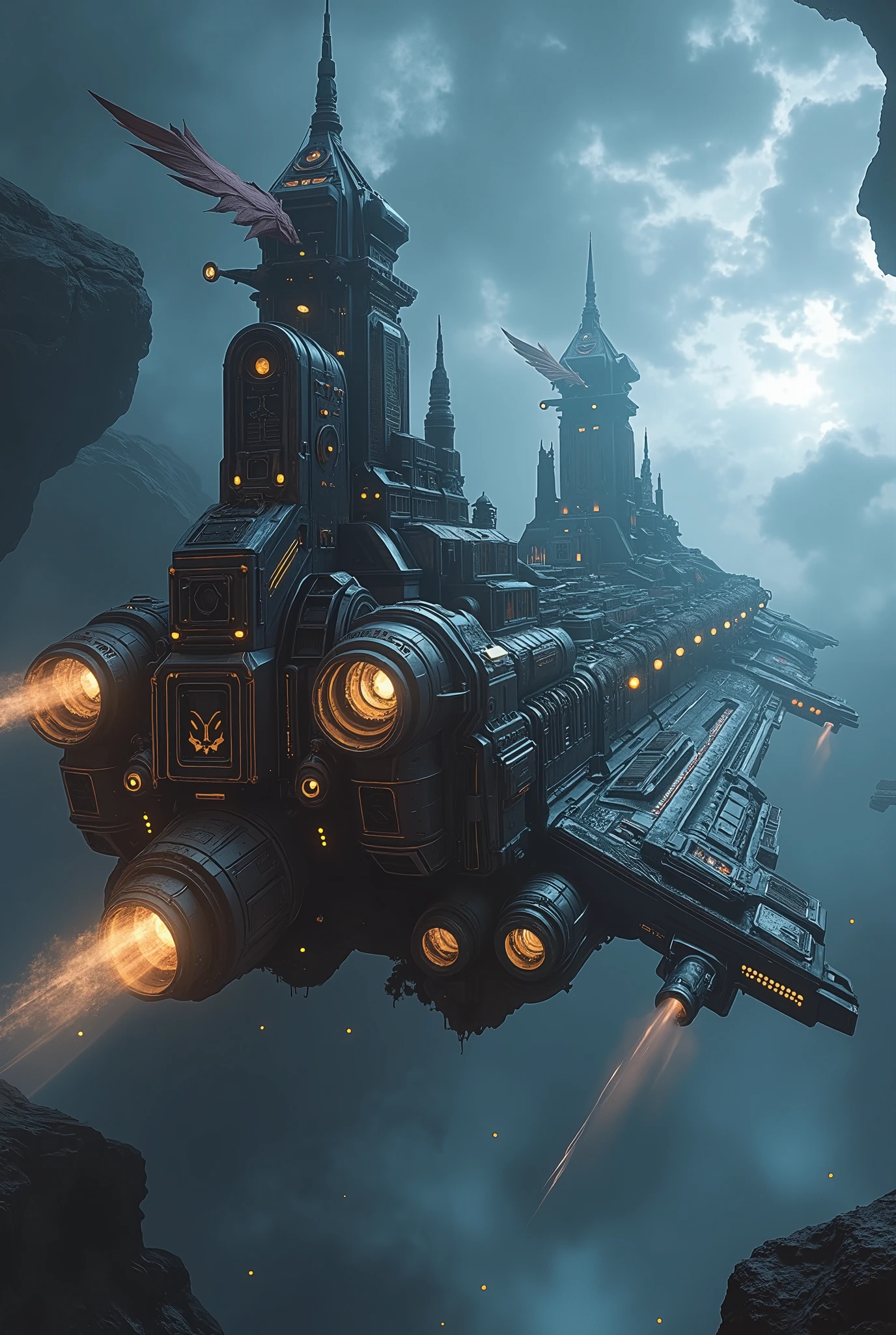 (Masterpiece, ultra-realistic, 32k, best quality, hyper-detailed, cinematic lighting, reversal film photography, film grain, intricate textures, photorealistic, dramatic composition, immersive depth, trending on ArtStation.) (Sci-fi medieval fusion, gothic-mechanical architecture, cybernetic decay, divine yet eerie atmosphere, banners fluttering, ) Empty interstellar cosmic background, The giant space Battle cruiser wandering through. (Sci-fi medieval fusion, gothic-mechanical architecture top, Byzantine styles, towering spires, )(A dynamic wide-angle shot, with volumetric lighting, deep atmospheric contrast, and high cinematic tension, evoking a sense of solemn reverence and otherworldly power.)