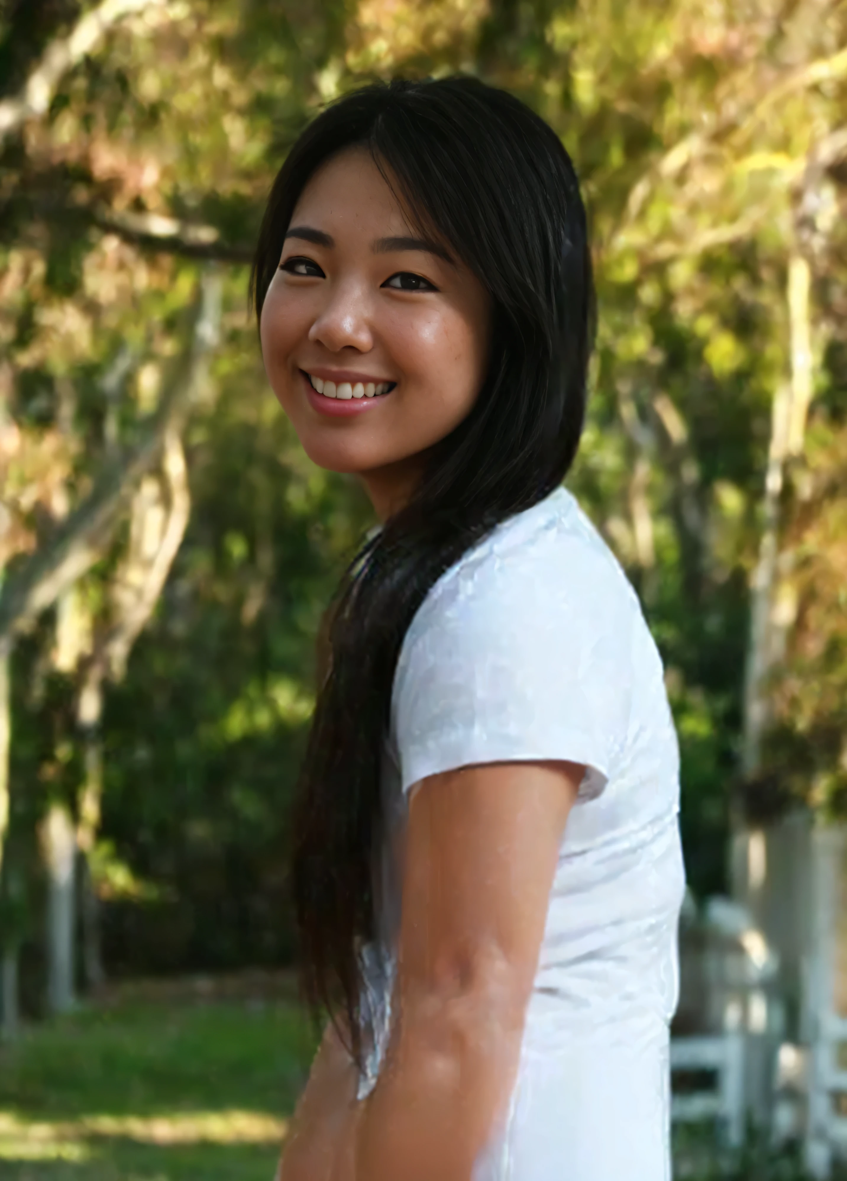 ((Side shot looking to her side)) PORE LEVEL DETAIL!!!, WET SHINY SKIN!!, a Japanese girl (19yo), Smiling ((Slight Snaggletooth)) ((((PERFECT DETAILED FACIAL FEATURES)))) with long black hair with a white shirt, portrait, in a park, (Detailed perfect facial details), (((ultra detailed skin, Lifelike, 4k hd, DSLR, lifelike, masterpiece, natural lifelike perfect color, perfect clear lighting, breathtaking lifelike details, perfect anatomy, super detailed skin, beautiful face ultra-detailed hyper detailed face、Detailed lips、A detailed eyes, (realistic, photorealistic, photo-realistic:1.37) (Realistic), (RAW Photography), ((best quality)), (Detailed perfect facial details), ((((hyper real photo, hyperrealistic, hyperrealistic picture)) , perfect anatomy, super detailed skin, (((ultra detailed skin, Lifelike, 4k hd, DSLR, lifelike, masterpiece, natural lifelike perfect color, perfect clear lighting, breathtaking lifelike details