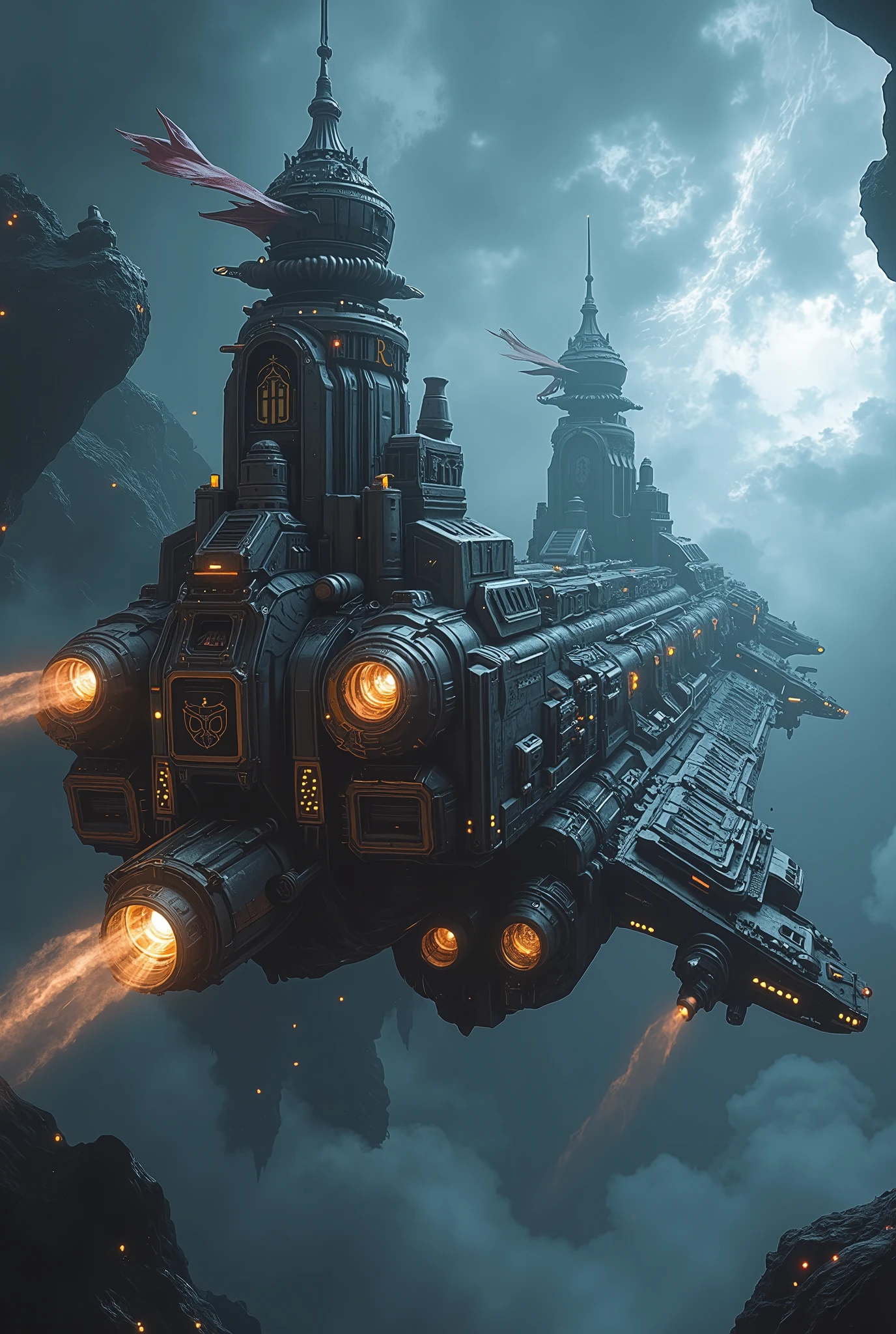 (Masterpiece, ultra-realistic, 32k, best quality, hyper-detailed, cinematic lighting, reversal film photography, film grain, intricate textures, photorealistic, dramatic composition, immersive depth, trending on ArtStation.) (Sci-fi medieval fusion, gothic-mechanical architecture, cybernetic decay, divine yet eerie atmosphere, banners fluttering, ) Empty interstellar cosmic background, The giant space Battle cruiser wandering through. (Sci-fi medieval fusion, gothic-mechanical architecture top, Byzantine styles, towering spires, )(A dynamic wide-angle shot, with volumetric lighting, deep atmospheric contrast, and high cinematic tension, evoking a sense of solemn reverence and otherworldly power.)