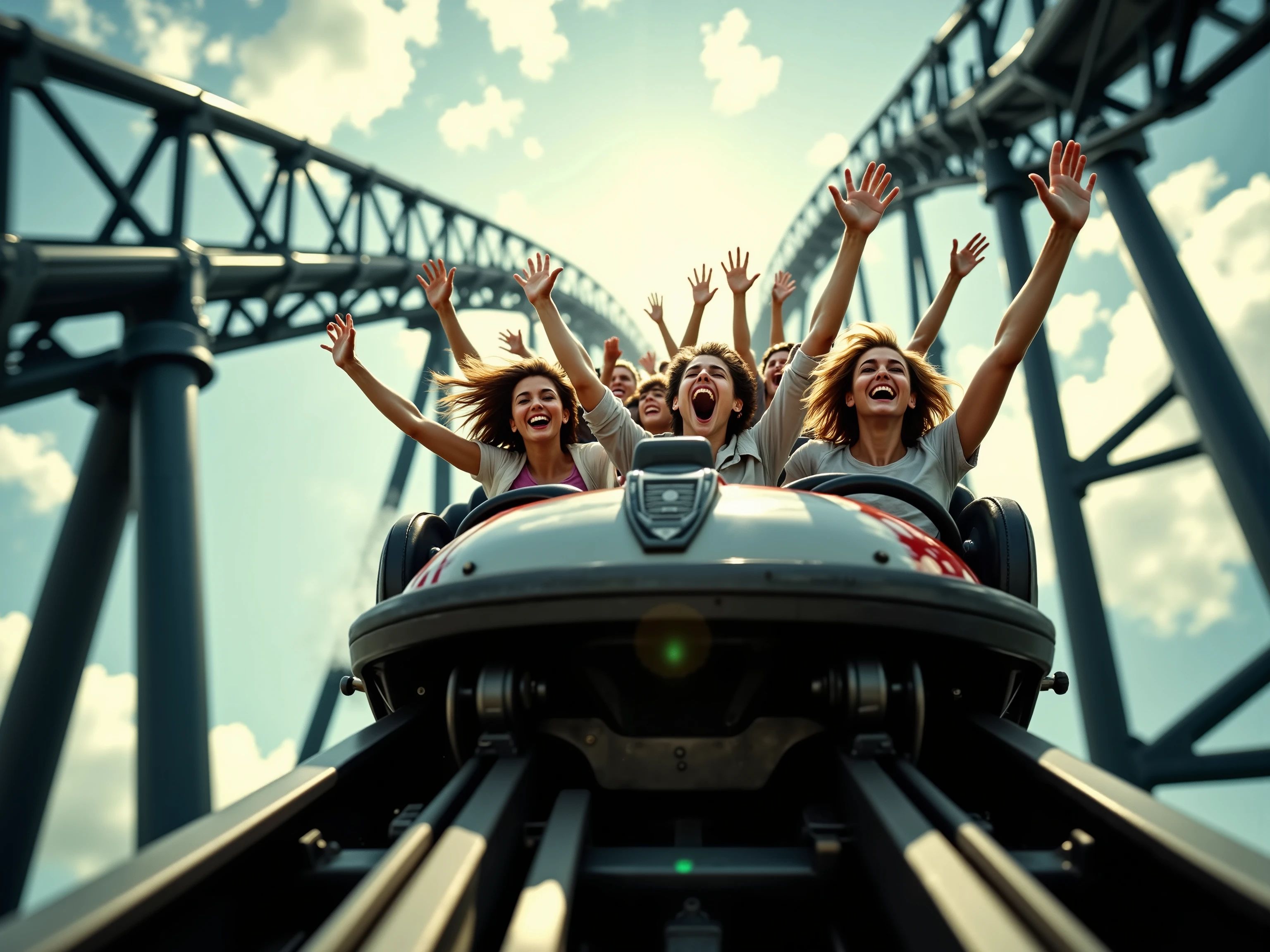 A dozen friends play roller coaster at a large amusement park