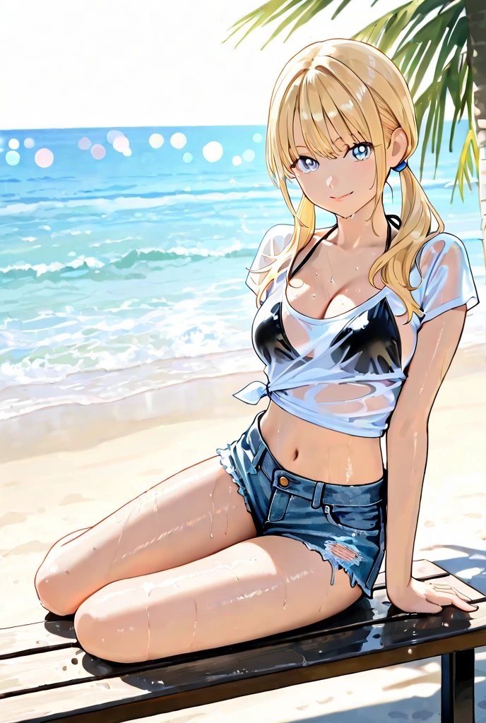 Denim shorts, bikini, Sticking out tongue,Earrings, Double teeth, Waistline, Little abs,Large Breasts, Textured skin,