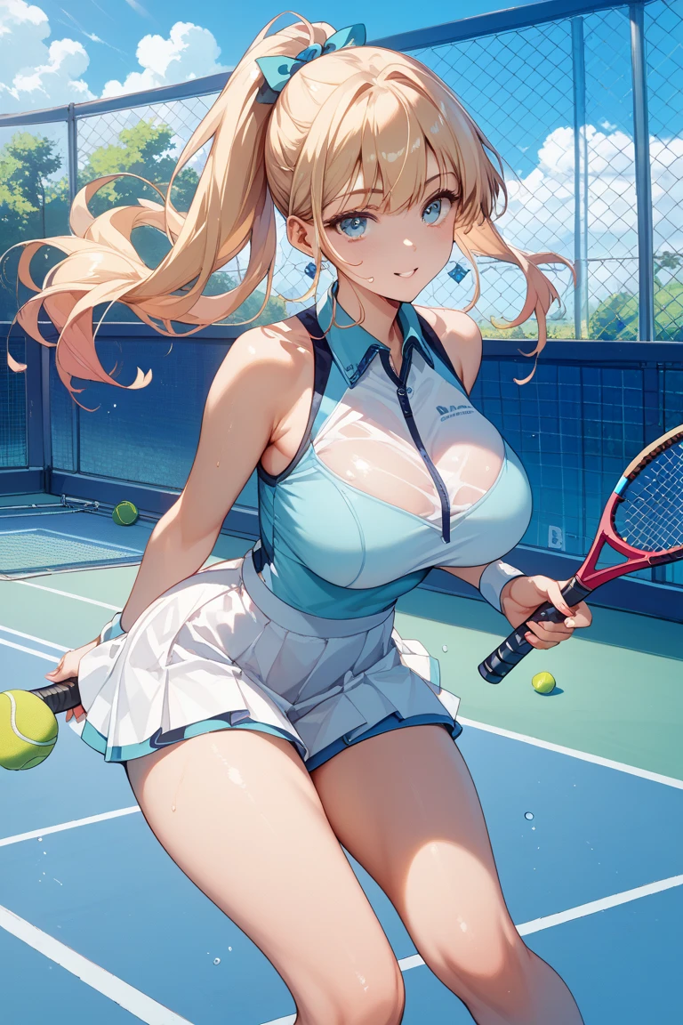 ((masterpiece, best quality, high resolution, UHD, pixel perfect, depth of field, 8k, RTX, HDR))cowboy shot, BREAK, very long hair, brown hair with blonde streaks, green eyes, well defined eyes, high definition eyes, eyelashes and black shadow under the eyes, blushing, high gloss eyes, looking at the viewer, showing tongue, blushing, wearing a white pleated miniskirt, miniskirt fluttering in the wind, black panties, wearing a white t-shirt, with a pronounced neckline, BREAK, oily skin, with a lot of sweat on the body, wet t-shirt, perfect anatomy, cleavage, neckline, nipples, big teats 1.7, wearing red headband, BREAK, with small tattoo on thigh, wearing a black choker, with a racket in hand, in a dynamic pose, on a court of tennis.