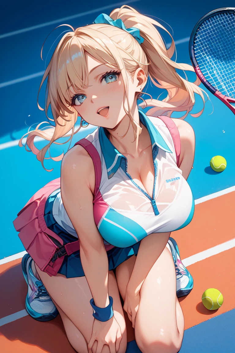 blonde long twintail hairstyle, big breasts, There is a cleavage in the chest, (((Detailed tennis wear in pink color))), (Full body Esbian)、locker room、ribbon、serious face、Uplifting、Cool、accurate depiction、high resolution、(black detailed lace lingerie)、(I can see the lingerie)、detailed poses、ideal style,(((buckshot))),Changing clothes,(Low - Angle),close up of buttocks,indoor,locker room