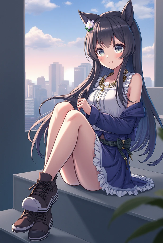 (1) A woman is squatting with both knees on the floor, towards us, Her light blue panties are almost visible.
(2) The woman is wearing a long-sleeved dress、wearing a very short red miniskirt and brown boots。.
(3) Women have long brown hair.
(4) The look on her face is a grinning one..
(5) The place is a shopping mall.