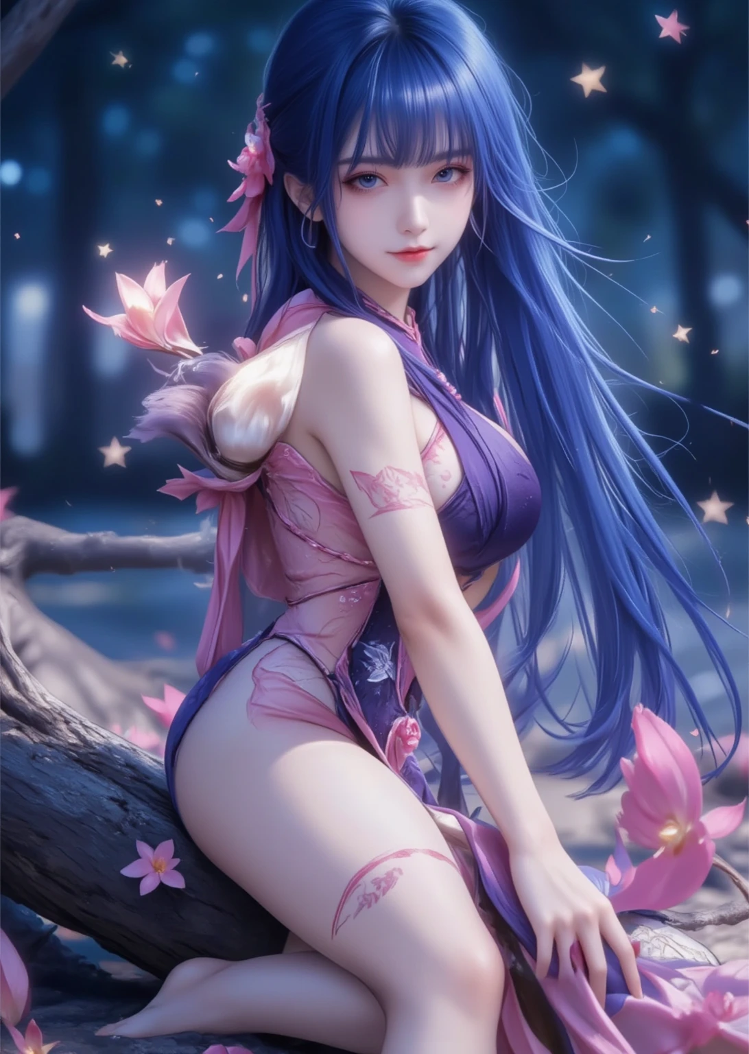 ink hair,gradient hair,longhair ,pink pupil, alternate hairstyle, sexy,Big ,cleavage,exposed,translucent clothes,fox ears, three tailed fox,(((Sexy lingerie)))、twintails.、Belly button and lower chest are visible、shiny skin、((Shy face))、((Blushed))、(tearful eyes)、cry、(((A temple filled with cherry blossoms)))、((Exquisite picture))，(Masterpiece detailed RAW photo:1.25), (best quality:1.6), (Ultra-high resolution:1.5), (actual:1.75), 8K resolution, Canon EOS R5, 50 mm, Super detailed,movie lighting、((Sexy tong))
