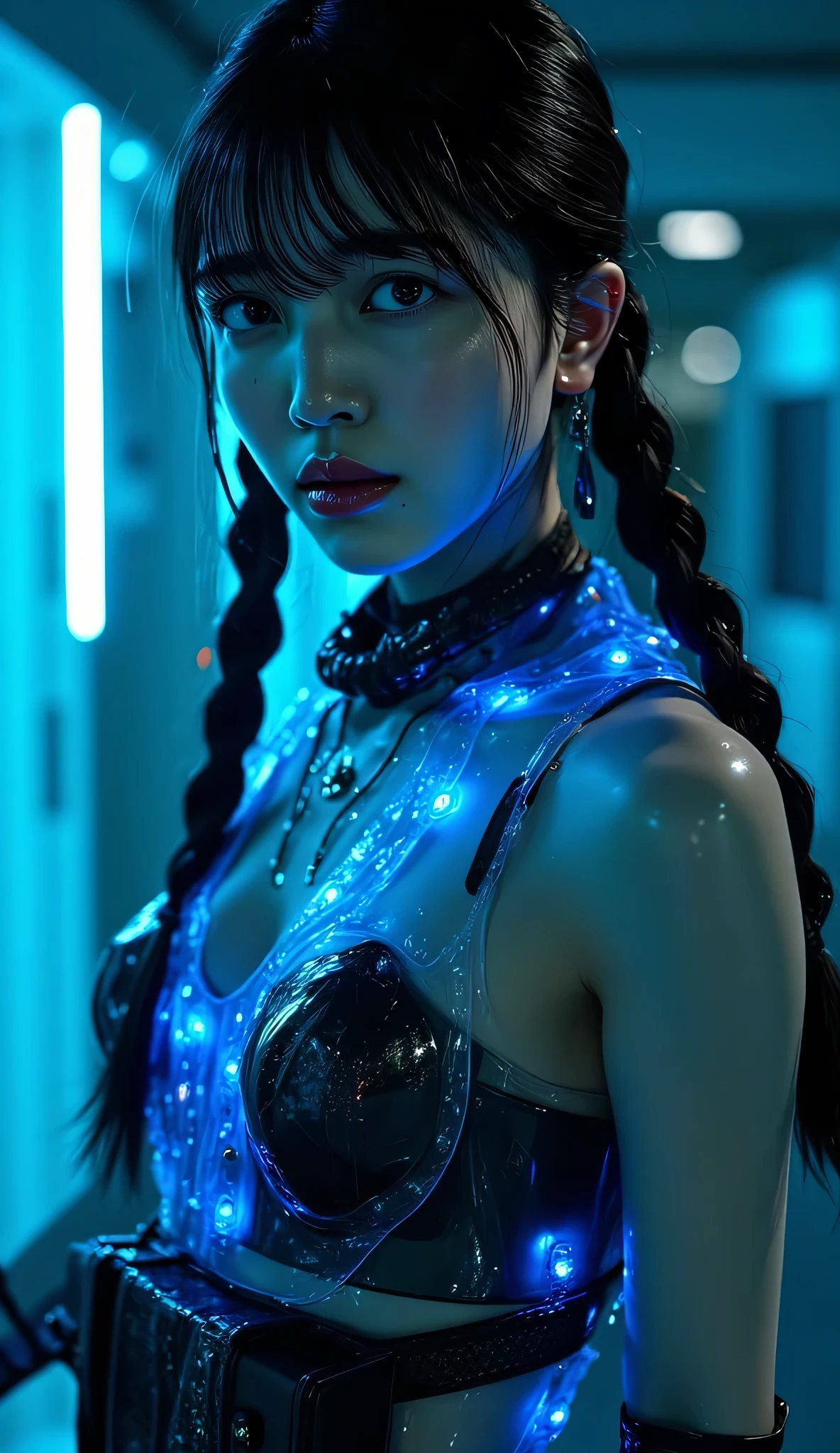 (((The dark interior of the Nostromo ship :2.0))),(((HR Gigger style cyberpunk vibe:2.0))),((full body:2.0)),one woman,Female Samurai ,(cute faces:1.5),(Beautiful well-balanced face ),((Long braids with bangs:2.0)),(black hair:1.5),(beautiful eyes:1.3),( Blue Glowing Eyes :1.5),glamorous shot of a 20 year old Japanese woman, Slender Beautiful Body ,((model body type:2.0)),((G-rimmed body:1.7)),Perfect Body Line,ideal proportions,((Big Breasts:2.0)),((F cup breasts:1.5)),Big Breasts,Bare thighs,Sensual Thighs,delicate body,(succulent:1.7),harmonious posture,((Realistic breast depiction :1.7)),carefully depicts the limbs based on perfect anatomy,((futuristic samurai armor style blue glowing translucent glass leotard:1.5)),Filled with multicolored LEDs,((super high leg leotard made of cammy style transparent glass that fits the body:2.0)),(((black translucent military coat in the style of a samurai armor with the front open over the leotard:2.0))),((rough mesh fishnet tights:2.0)),(ear monitor:1.5),((Tactical Holster:1.5)),(gloves:1.3),concept art,(of the best quality:1.5),(masterpiece:1.5),(超高resolution),resolution,UHD,(Delicate Description), carefully drawn with butterfly wings ,32k,((Realistic Skin Texture:1.5)),(((ultra-realistic:1.5))),carefully draw eyelashes,Highly Detailed Face,Highly detailed female hand, Sexy appearance ,very sensual,(Blurry Dim Backgrounds :1.5),professional photo shoot,(movie lighting:2.0),((Blade Runner style light:2.0))