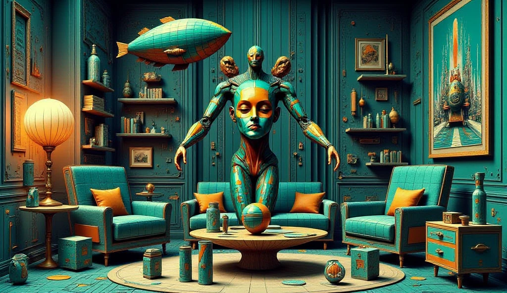 painting of a man sitting on a table with a book and a ball, by Oskar Schlemmer, a surrealist painting, by Giorgio de Chirico, inspired by Oskar Schlemmer, by Rudolf Hausner, surrealist painting, inspired by Rudolf Hausner, surrealist art, inspired by Giorgio de Chirico, (fantasy), surrealist oil painting, surrealist