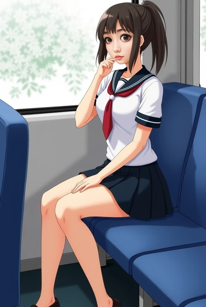 (masterpiece, top quality, best quality, beautiful and aesthetic:1.2), colorful, beautiful face, perfect body, 1girl, solo, school uniform,serafuku,pleated skirt,blue skirt, black socks,skirt lift,white panties, blush, black hair, long hair, (public:1.1), embarrassed, sitting, in train, train interior