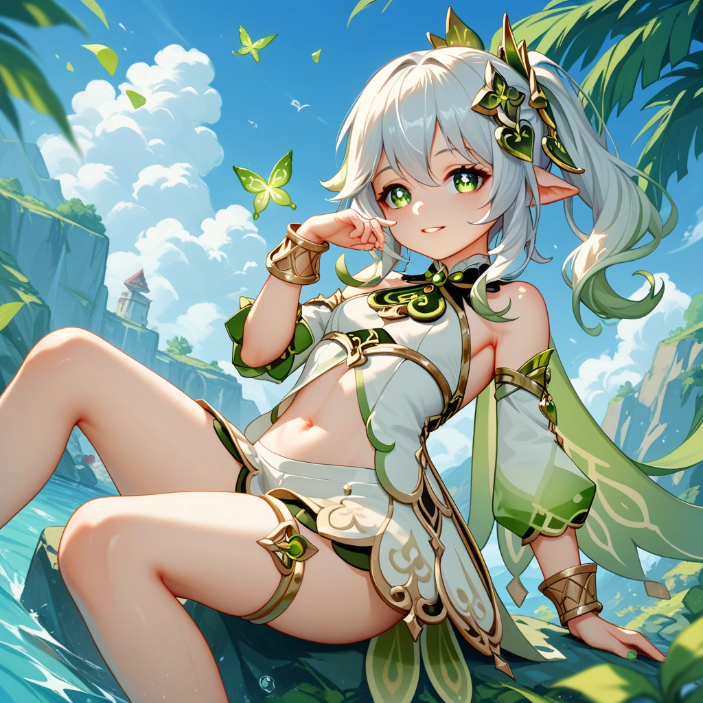 Best Quality, top-quality、(cute petit girl：1.3),Beautiful pink eyes、flat chest、Lori、（Cuteness beyond limits）、Shining thighs、((Cute smile))、tied up with a collar、a miniskirt、Show your belly button、Open the crotch、bend knee、White panties、Panchira