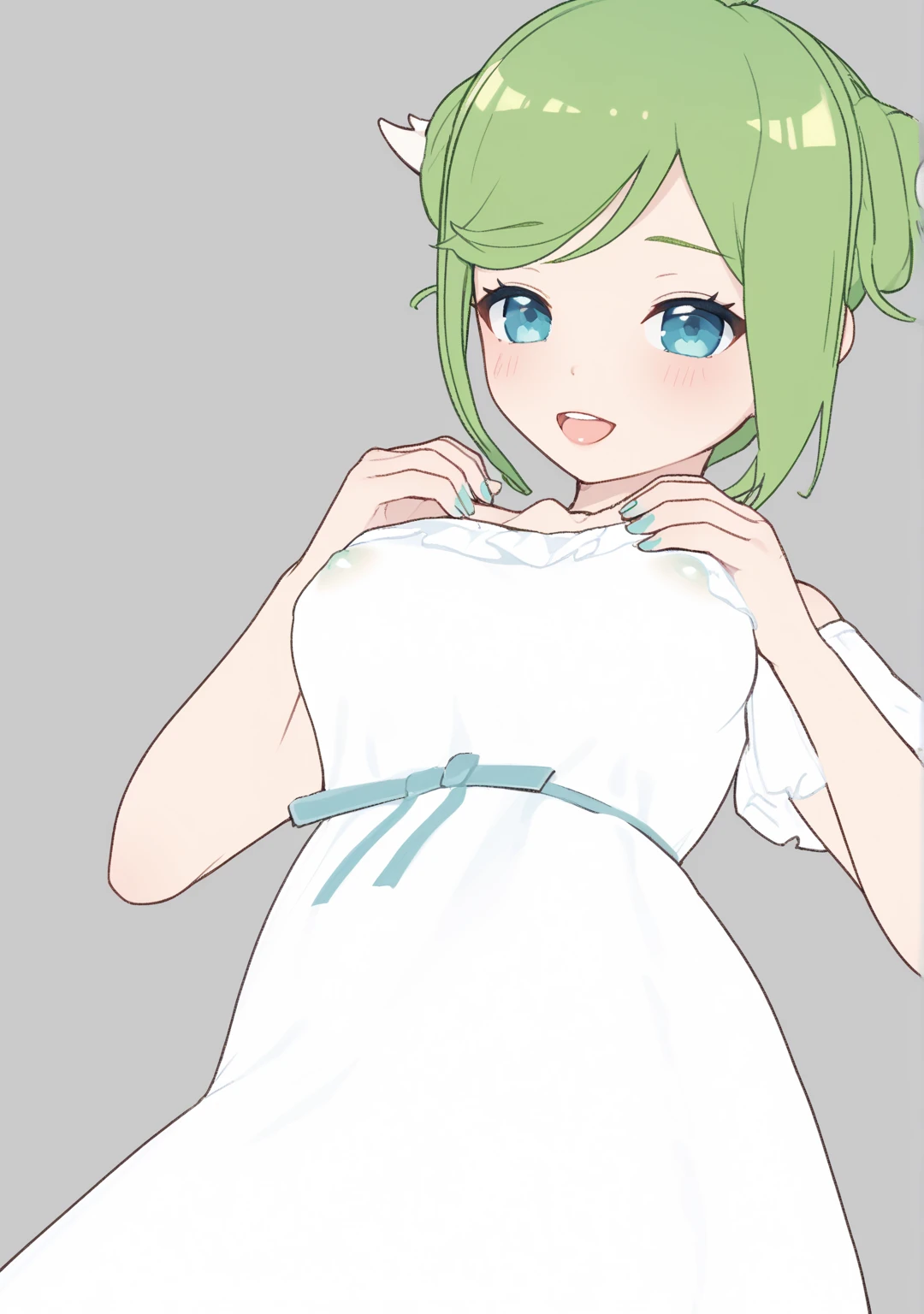 ((A Pretty nude girl Standing with her legs together and facing diagonally forward)), ((completely nude body:1.3)), full body, Baby face, ((top-quality, master piece, ultra-definition, high resolution)), anime girl, ((ultra-detailed illust:1.2)), 1 girl, bangs, green colored hair, hair between eye, beautiful hair, blue eyes, Shiny eyes, ((detailed eyes:1.2)), medium breasts, show breasts, ((erected nipples)), barefoot, Big smile, enjoyed, laughing, opened mouth, ((without clothes, undressed)), view from below, simple background