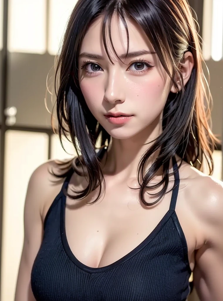 (best quality, highres), portrait, upper body, cool type adult woman, long hair tied up, swept-side bangs, [[[brown hair]]], blonde hair, brown eyes, turtle neck tank top, big breast, plain wall, ultra detailed cg,
 