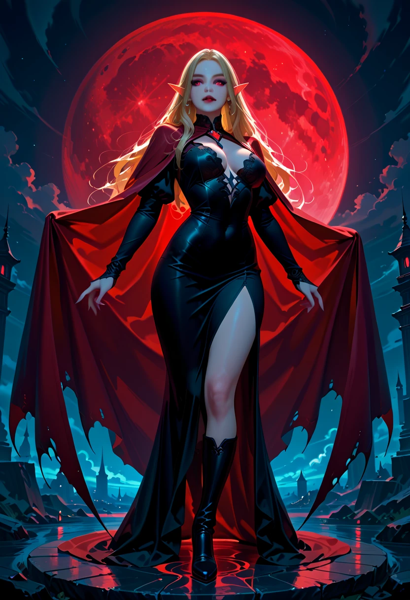 a picture of vampire standing in the front of her home, an exquisite beautiful female vampire in her front door of her home, full body (ultra detailed, Masterpiece, best quality), ultra detailed face (ultra detailed, Masterpiece, best quality), grey skin: 1.3 , blond hair, hair in a ponytail, long hair, blue eyes, cold eyes, glowing eyes, intense eyes, smile with [drops of blood on face] (ultra detailed, Masterpiece, best quality), dark red lips, [vampire fangs], wearing (red: 1.4) dress (ultra detailed, Masterpiece, best quality), (green: 1.4) dark green cloak, (green: 1.3) green high heeled boots in front of her home, torchlight,  high details, best quality, 16k, [ultra detailed], masterpiece, best quality, (ultra detailed), full body, ultra wide shot, photorealism, luis royo style, dark fantasy art, moon light coming through the window, moon rays, gothic art, sense of dread, sense of seduction, bloodmagic