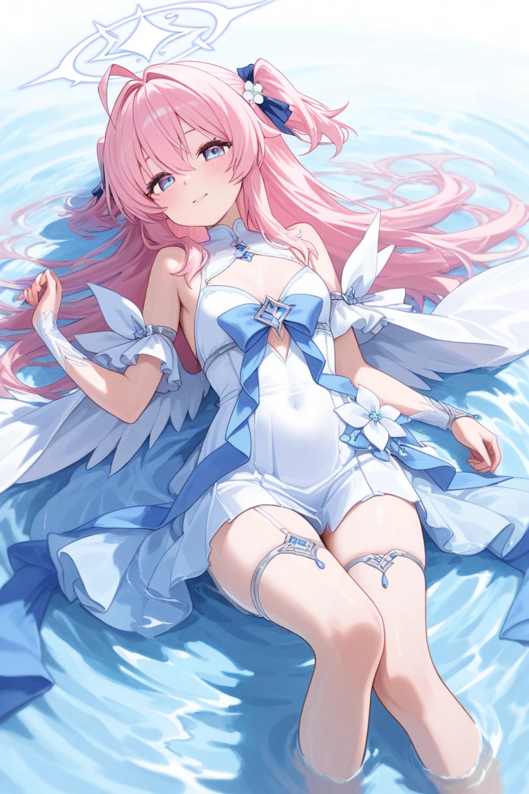 masterpiece, highest quality, High resolution,Anime Style、Characters from Tensura、Milim、whole body Platinum pink hair(Twin tails:20:1)(Ahoge:1:10)、blue eyes、About 、上半身はwhiteとピンクのボーダーラインがあるタンクトップ、The lower half is shorts、smile、The double tooth shines、Red on the neck、white、A necklace with a blue magatama、(ピンクとwhiteのボーダーの靴下:7:1)
