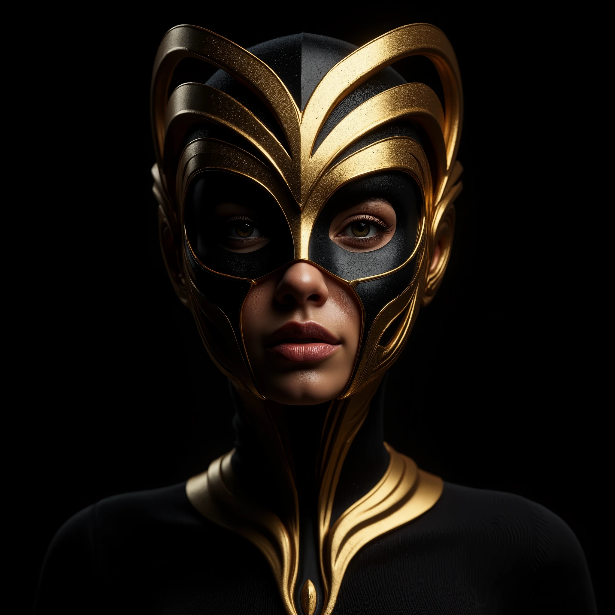 A high-resolution 3D render of a woman wearing an intricately designed gold and black mask featuring authentic African patterns. The mask showcases elegant curves and bold geometric shapes, reflecting the rich cultural heritage of African artistry, while embodying the sleek and futuristic aesthetic characteristic of Hajime Sorayama's work. The woman's expression is captivating, with her eyes peering through the mask, adding an air of mystery. The dark background enhances the dramatic contrast, allowing the vibrant gold and black of the mask to stand out and draw the viewer's attention, creating a striking and visually stunning composition.