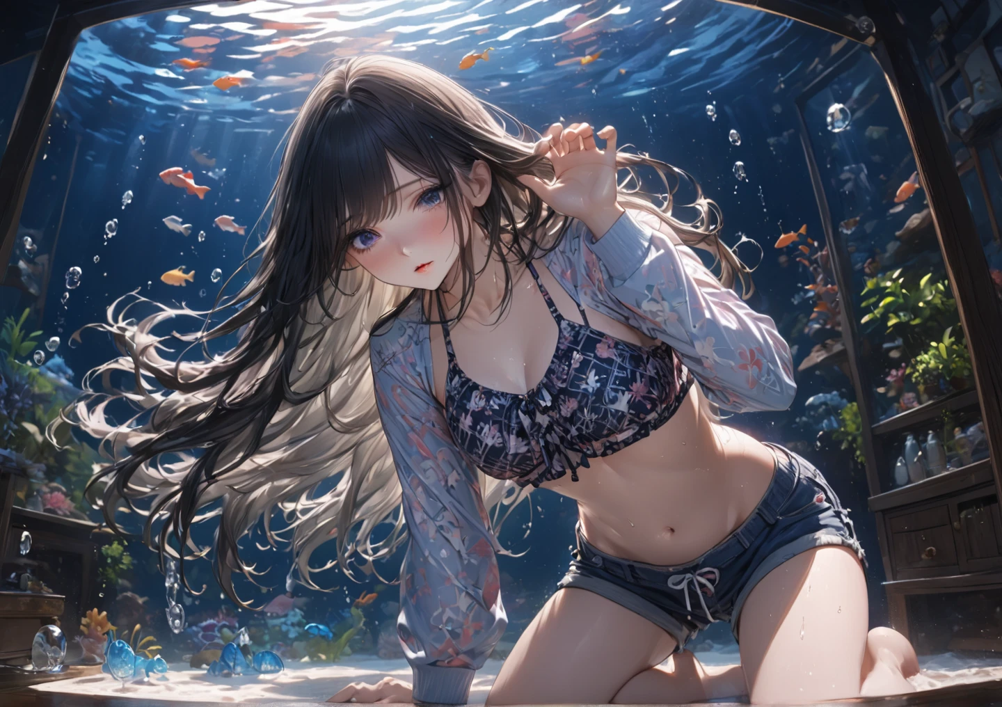 (((Masterpiece))),((top quality)),one beautiful girl,Pale, (A character that personifies a shellfish: 1.5), (holding a pearl:1.5)、((girl in a seashell:1.5)))、(belly button)、(big breasts:1.5),(plain clothes), (skin revealing),(The background is underwater 1.5).(((from the front:1.5)))、(straight front: 1.5)、(((hold your knees with both hands:1.5)))、