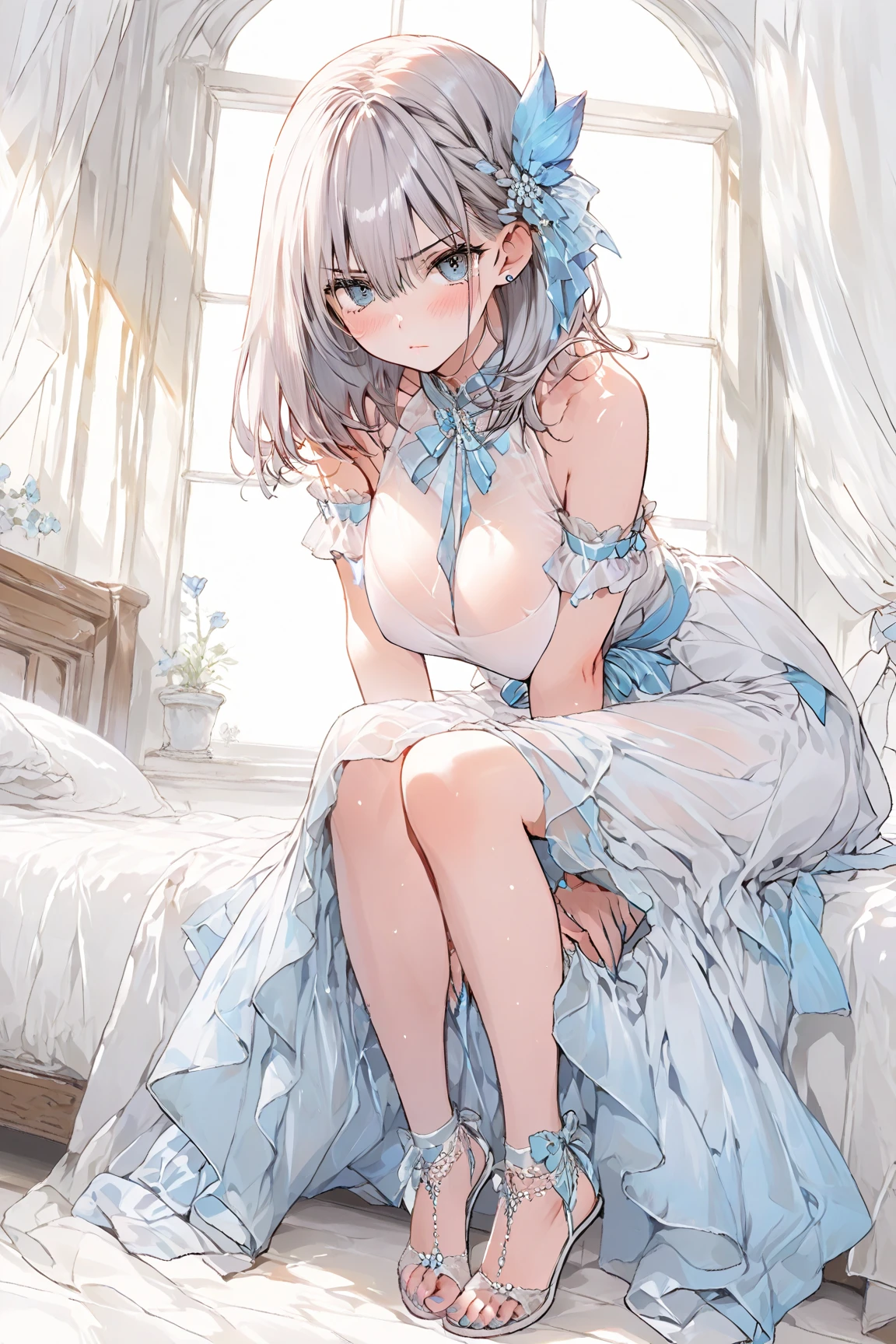 Tsundere 18 year old girl, beautiful and delicate eyes, beautiful lips, very detailed 눈과 얼굴, long eyelashes, 1girl, white cat ears, foot long bag, Front view, Red-eye, (top quality, 4K, 8K, high resolution, masterpiece:1.2), very detailed, (realistic인, realistic인, realistic인, realistic인, realistic: 1.37), very large breasts, elegant, fantasy, white background, cat pose, sexy