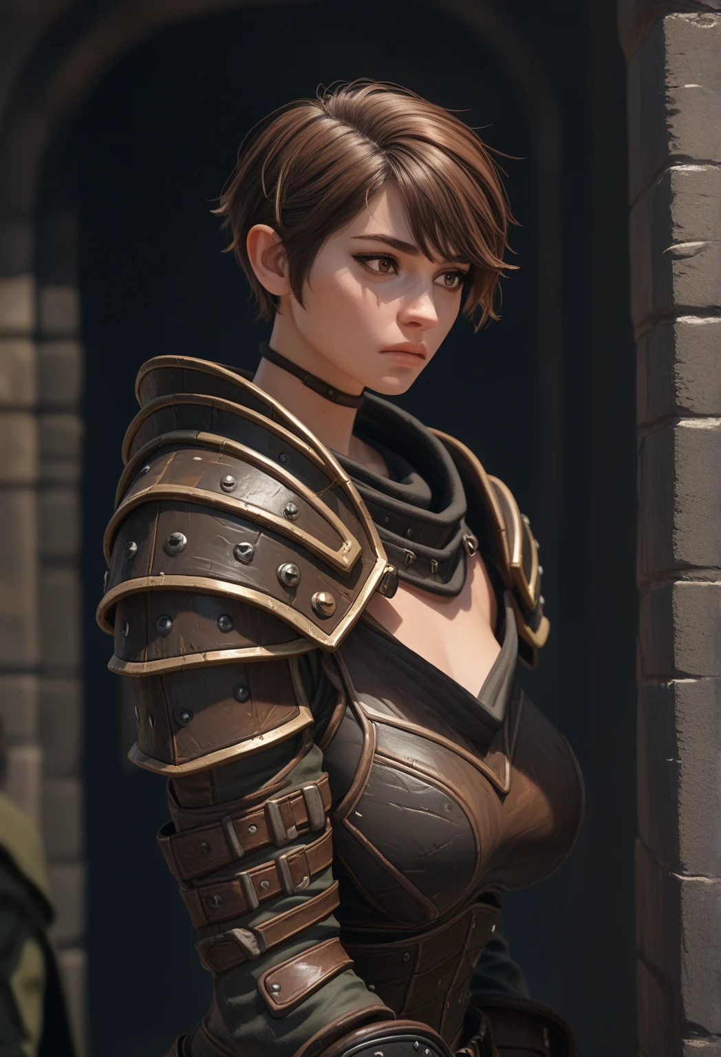 A happy 40 years old woman with an undercut. In an achaic, barbarian setting. Very androgynous looking. In a good mood. Happy. Kind. Friendly. Tomboyish. Androgynous. Slim masculine body. Very . Very small breasts. Wide hips. Thick legs. Face: Extremly pale skin with liverspots and freckles. Soft narrow face with a round chin. Soft small jaw. Big forehead. Very thin barely visible eyebrows. Upturned big dark-brown eyes. Dark-brown eyecolour. Very long and wide nose. Big curved lips. Very short dark-brown hair. A boyish short haircut. Undercut. Sides shaved. An assassin in an barbaric and achaic ancient world.
