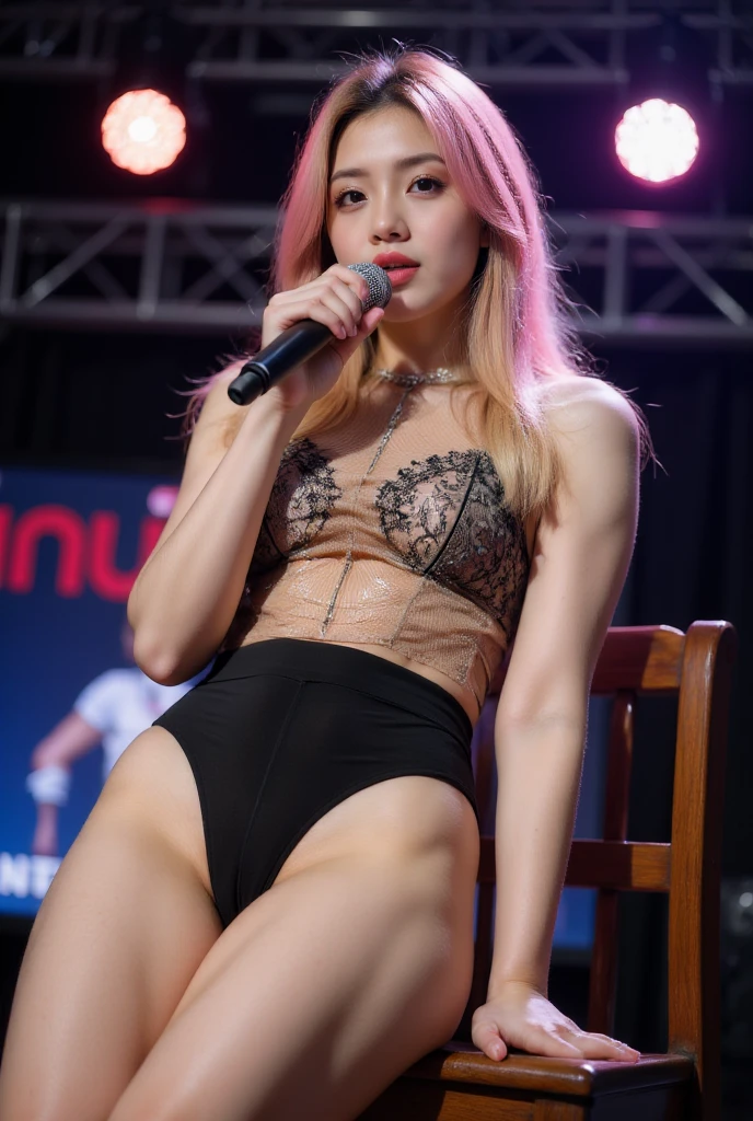 1girl, (Blue Eyes), seductive face, (Sana Minatozaki), wide hips, Big Boobs, big ass, (Best Quality, 8k, Masterpiece: 1.3), Clear Focus: 1.2, Perfect Body Beauty: 1.4 , Slender Abs: 1.2, Highly detailed face and skin texture, detailed eyes, double eyelids, black makeup, red lips, (blonde long hair), (black high waist thong), squatting, open legs,  (stage), (strip club :1.2), neon lights, stripper