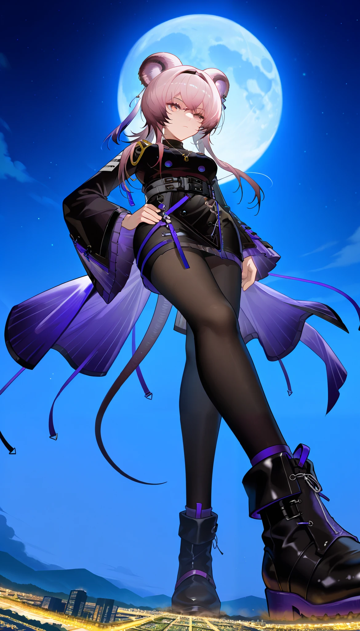 (giantess:1.4), microcity, score_9_up, score_8_up, score_7_up,hand on own ass, 1girl, solo, Lin_Arknights, pinkeyes, arm support, crossed legs, black footwear, ankle boots, pink hair, long hair, ponytail, mouse ears, mouse tail, black pantyhose, black dress, double-breasted dress, turtleneck, necklace, long sleeves, black sleeves, purple sleeves, wide sleeves, pencil skirt, belt, purple straps, dynamic cowboy shot, best qualitymasterpiece, collapsed city, Outdoors, Night Sky, moon, (from below:1.4), masterpiece, best quality, masterpiece, best quality,夜