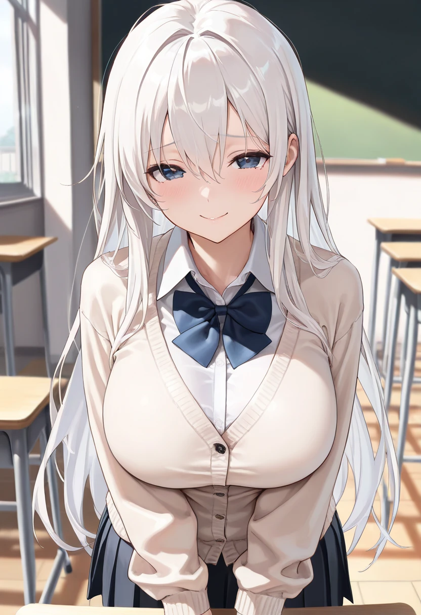Masterpiece, Top Quality, High Definition, Hi-Res, One Girl, Solo, Angle from Below, Skirt, Shirt, Shirt without collar, White Y-shirt, Unbuttoned, Unbuttoned, Fluffy, Cleavage,Protruding Nipples, Hard, Pleated Skirt, Socks, Black Skirt, Long Sleeve, Bangs, School Uniform, Black Socks, Dress Shirt, Smile, Sweaty, Drenched, See through, Sheer clothing, Skirt fluttering in the wind, Lift up skirt, Crotch line, Hip line, White underwear, Panty shots, Beautiful leg line, Drops running down your legs, Drenched lower body, Wet waist, Excess crotch droplets, Body parts three-dimensional, Exposed underwear, Realistic skin texture, Focused on feet, Kneeling, Knees spread, Bright room, Finger shift panty position, Lighting from below, bitten panties, long hair, gray hair, butterfly hair ornament
