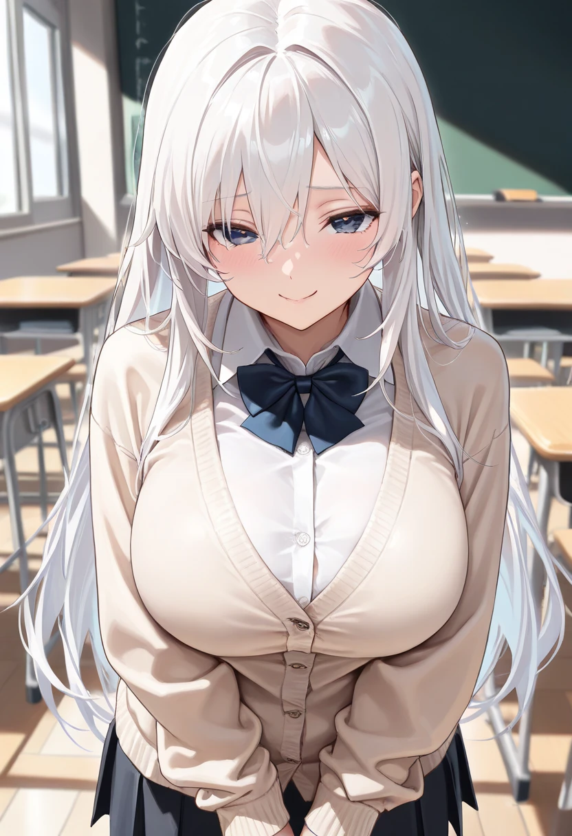 A 16 year old girl in school attire, short shoulder length white hair, blue eyes, big breasts with thick thighs and a beautiful face that reflects innocence and in the background that looks like a high school.