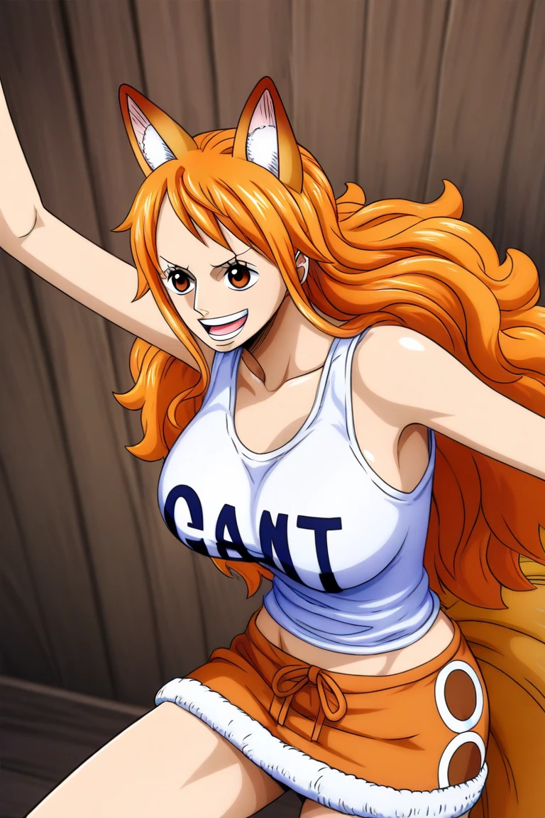 masterpiece, best quality,  sky, clouds, cityscape, smile, looking at viewer, 
,,  <lora:one_piece_wanda-06:1> wanda, 1girl, solo, long hair, breasts, animal ears, brown eyes, swimsuit, weapon, bikini, sword, cape, orange hair, bikini top only, furry, furry female, jeans ,( dog snout:1.5), (dog nose:1.5)
