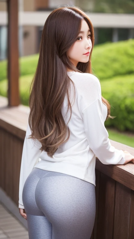 best qualtiy, tmasterpiece, Ultra-high resolution, (realisticlying:1.37), RAW photogr, 1girll, long whitr hair, beautidful eyes, beauitful face, Detailed eyes and face, T 恤, Dynamic Lighting, in the darkness nigth, deep shading,white skinned,underdressing,Knee exposure is of the best quality, Ultra-high resolution,ultral detailed face and eyes, (Photorealistic:1.4), 1girll, 19 year old girl,age, Sports bra, From behind,(tightsuit:1.3),((Short yoga pants:1.3)), (pale brown:Red:whaite hair:1.4), view the viewer, Smiling, Cute, big assa, (Ray tracing:1.4),(Long legs:1.4),big breast,Narrow waist