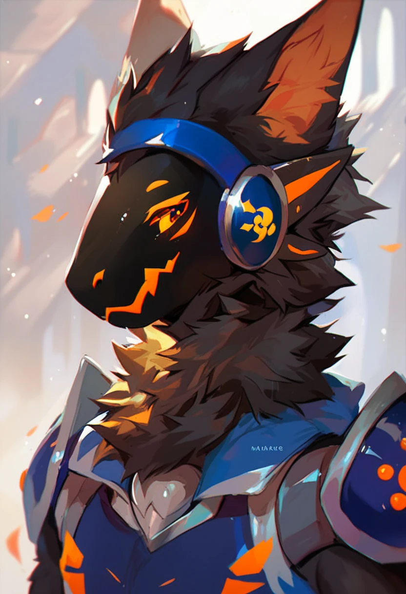 source_furry, score_9, score_8_up, score_7_up, 1boy, solo, portrait, protogen, black fur, orange eyes, furry, anthro, high fantasy, mage