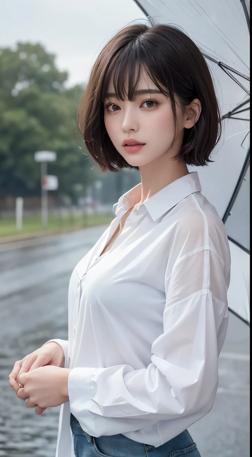 ((Best quality, 8k, Masterpiece :1.3)), Sharp focus :1.2, A pretty woman with perfect figure :1.4, Slender abs :1.2, ((Layered haircut, Big breasts :1.2)), (Wet white button up long shirt :1.1), (Rain, Street:1.2), Wet body :1.5, Highly detailed face and skin texture, Detailed eyes, Double eyelid
