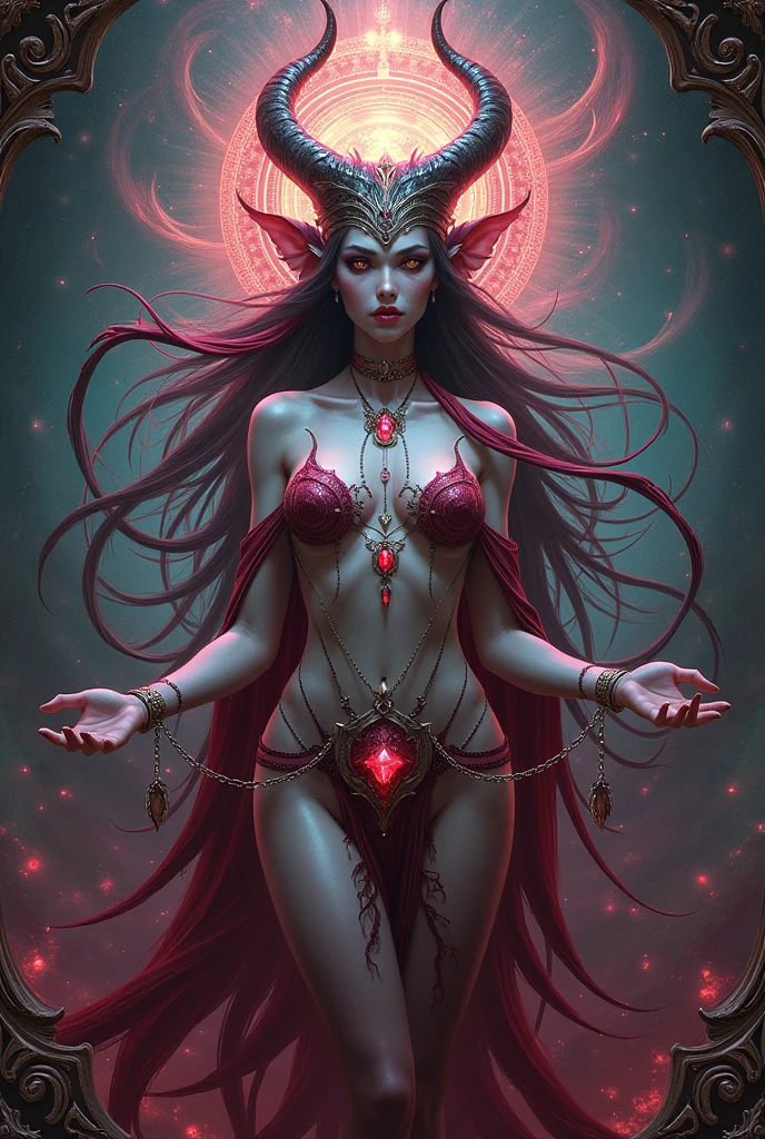 high details, best quality, 16k, [best detailed], masterpiece, best quality, (extremely detailed), a picture of a beautiful succubus looking through a magical portal onto heaven, the portal has magical red magical wards on it, she sees the starry heavens and bliss of heaven , GlowingRunes_paleblue, 