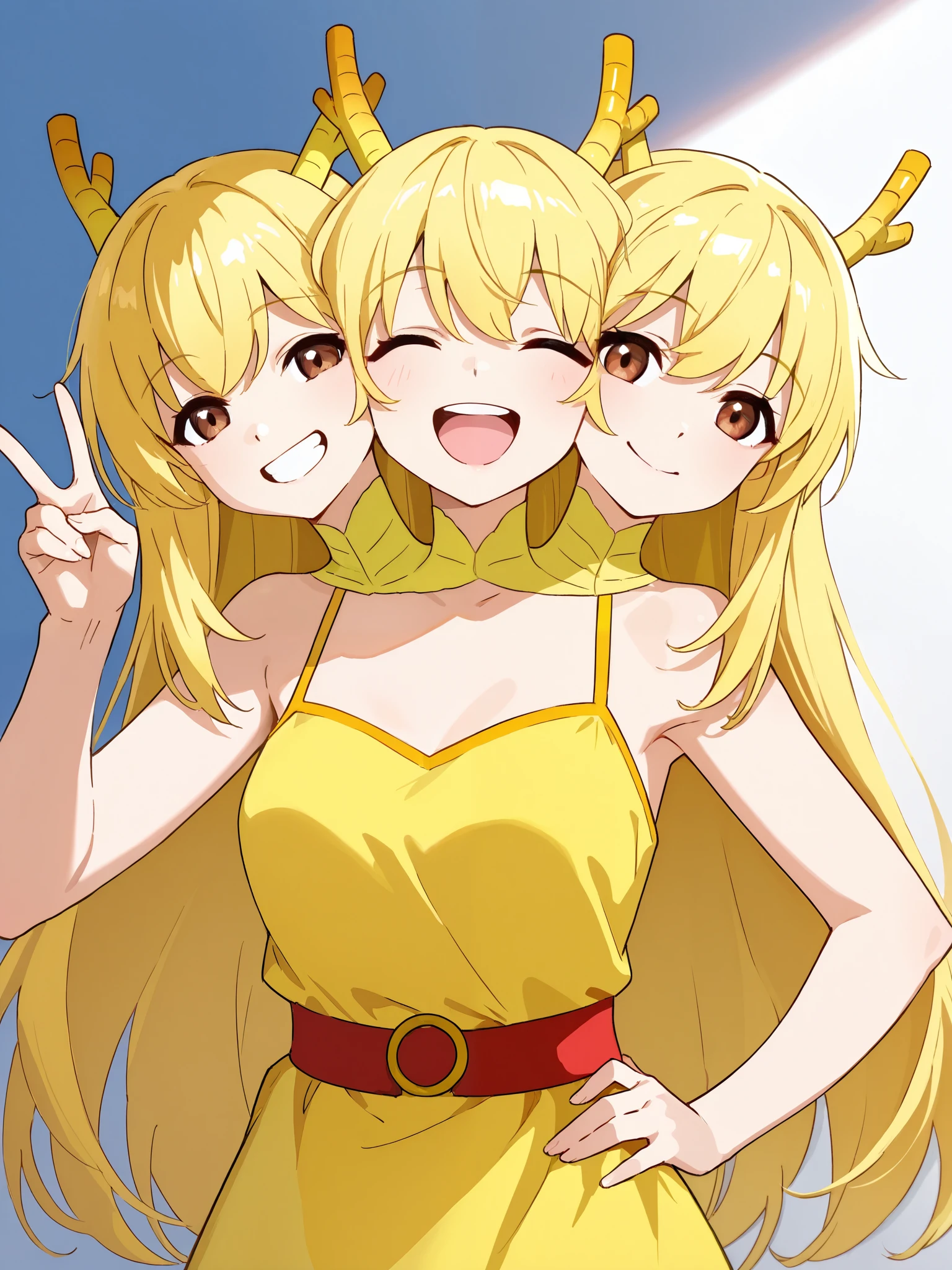 anime girl with three heads, long blond hair, brown eyes, yellow dragon girl costume, simple yellow dress, bare arms and shoulders, peace sign with one hand, one hand on hip, left head is smiling with teeth visible, middle head is winking with closed mouth, right head has open mouth and closed eyes, happy, victory pose