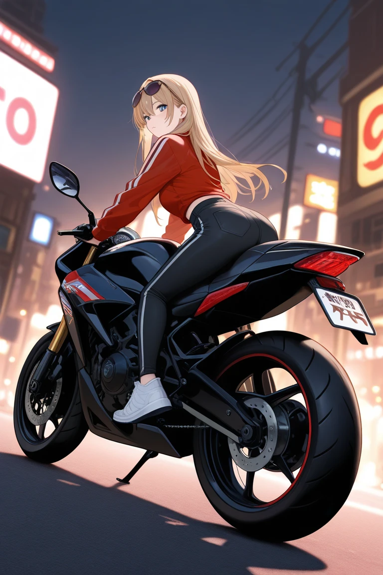 masutepiece, hightquality, hight resolution, high textured, 8K, HighDynamicRange, Robot girl in sexy costume, Huge breasts, White transparent tights, mechs, short white hair, Mechanical prosthetics, mechanical legs, dishevled hair、Detailed skin、Fine-grained skin、Large Motorcycles, Riding Bicycles, natta, cyberpunkcity