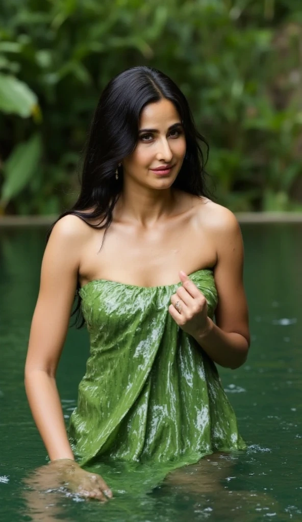(YES NSFW). woman in a wet dress standing in a body of water, gorgeous woman, very beautiful model, teal tunic, gorgeous lady, closeup fantasy with water magic, stunning elegant pose, pale tunic, flowing dress, large breasts, cleavage, cute woman, beautiful female model, beautiful goddess, summer season, wearing a dress made of water, veridian dress, stunning woman, varied poses, (rainfall), soaked, dripping wet, sunlight. Ultra photoreal shot. High details, Backlit. Diffuse lights. Viewed from afar. Dutch angle.