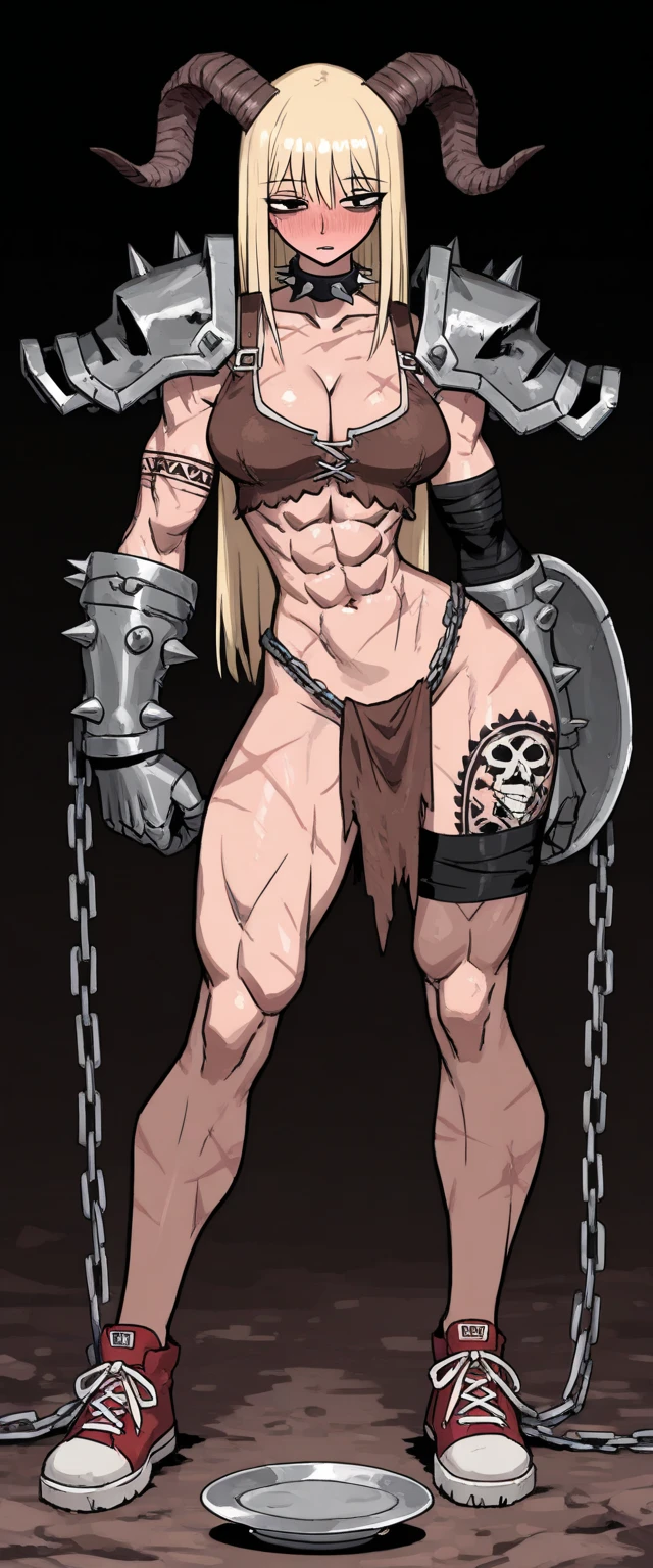 (masterpiece, best quality:1.2), demondeals, 1girl, solo, blonde hair, long hair, blue eyes, hammer, muscular, abs, scarf, breasts, weapon, shorts, boots, gauntlets, armor, large breasts, weapon over shoulder, axe, smile, muscular female