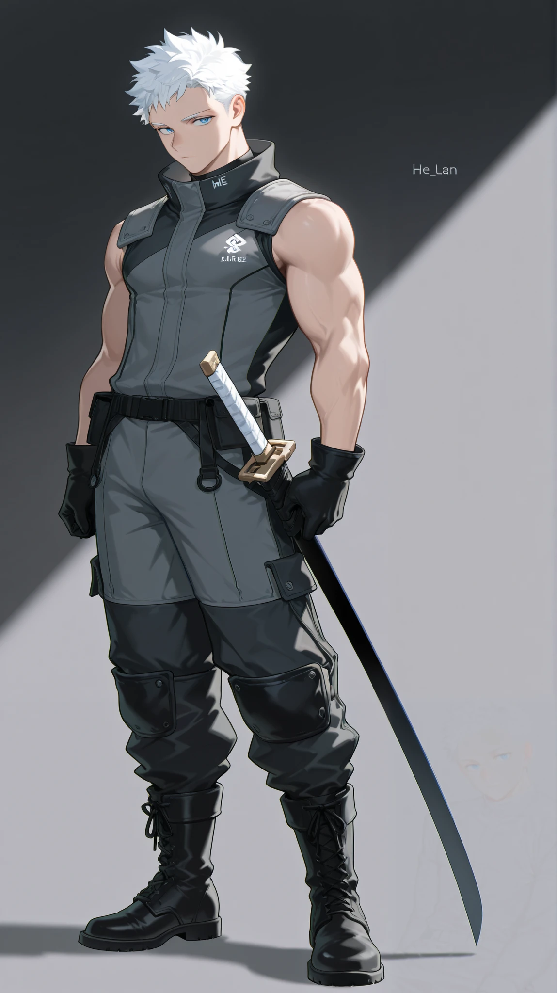 Handsome man, tall and lean , very short hair, white hair, blue eyes, muscular , his skin is pale ,
Wearing a black and gray outfit , he’s wearing black boots , he has a sword.