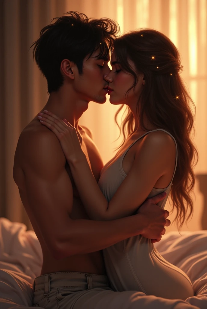 A beautifull girl 1 with handsome boy with open clothes in a badroom on the table and interact with it and play sex on a open clothes,