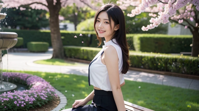 on the table, best quality, illustration, Super detailed, fine details, high resolution, 8k wallpaper, Perfect dynamic composition, Beautiful and delicate eyes,whole body摄影，show your whole body、Vest, suit, Pencil miniskirt, White shirt,s、long gray hair, Bold sexy pose,Smile,Harajuku、20 year old girl、huge :1.5、Look at the sexy shots of the camera, whole body, Rear view、Holding a bouquet of flowers