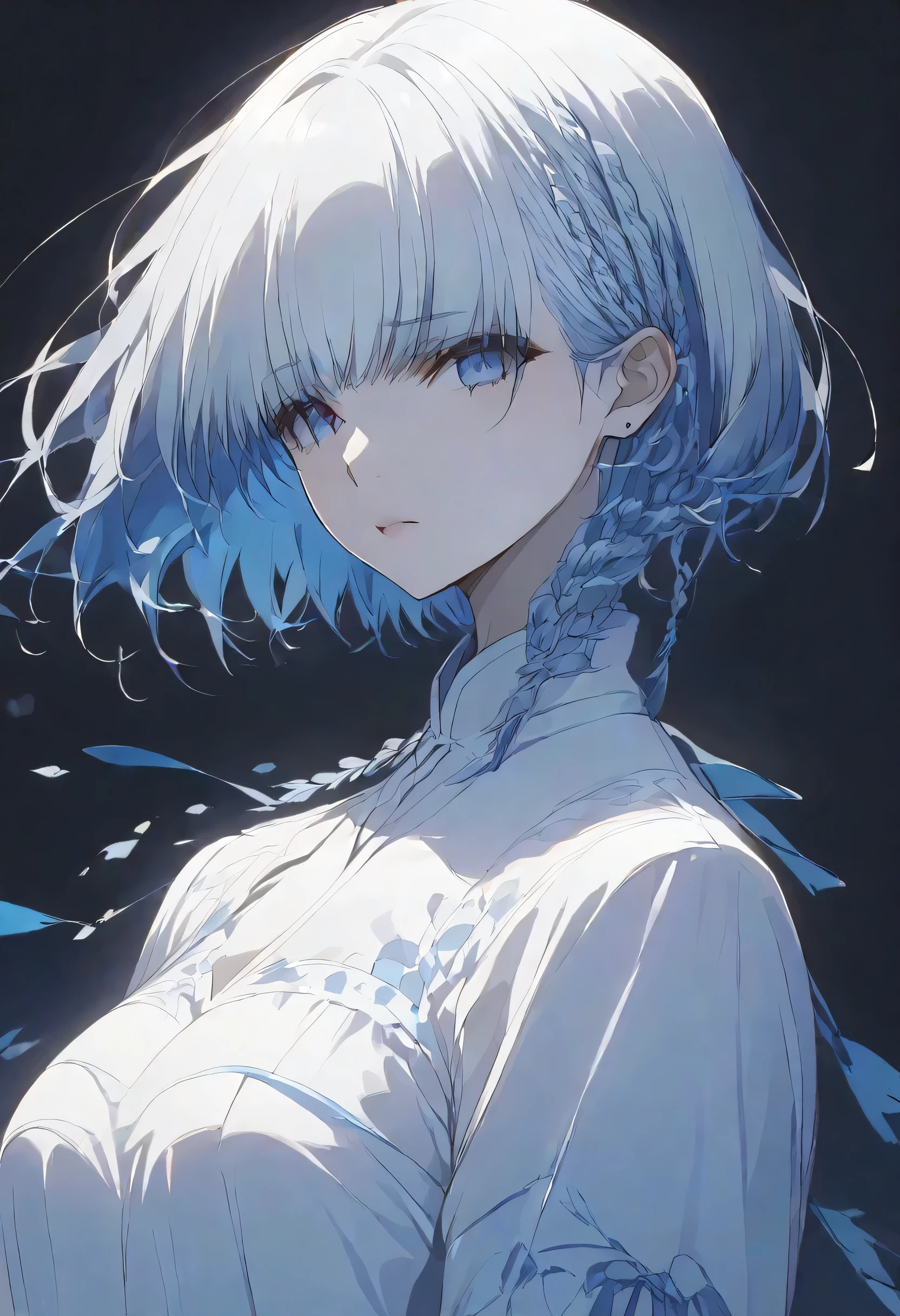 真夜中,negative,beta,straight hair,short hair, blue 瞳, braid, grey hair,solo,black background,大きな目,