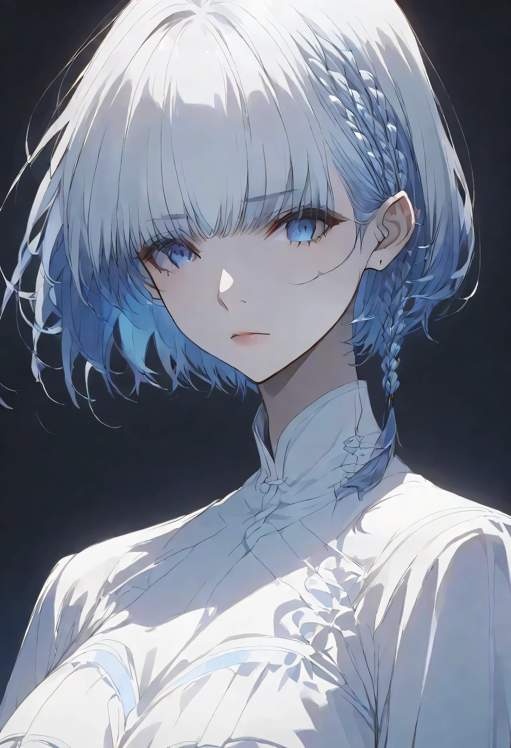真夜中,negative,beta,straight hair,short hair, blue 瞳, braid, grey hair,solo,black background,大きな目,